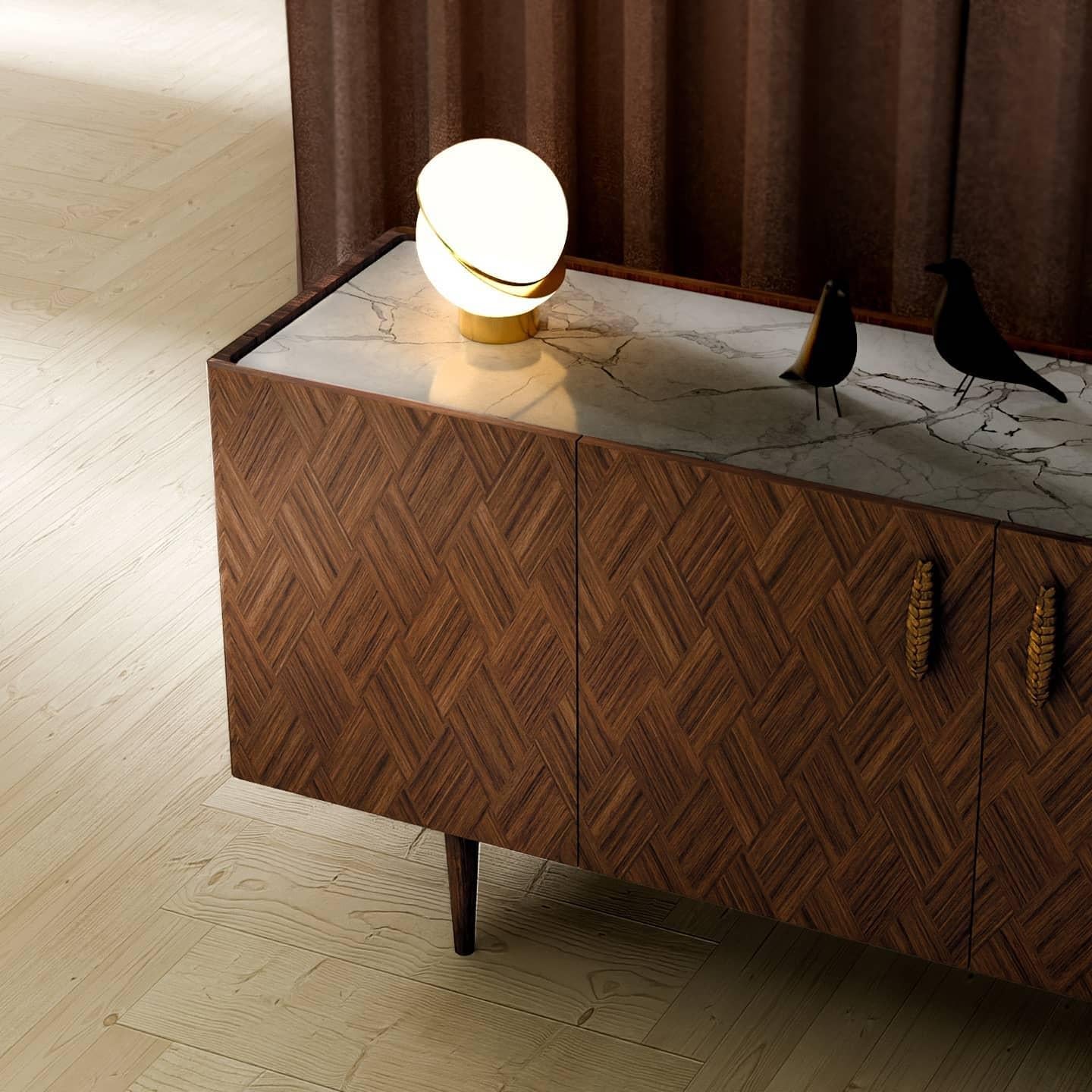 Fait main Buffet personnalisable en noyer ou en chêne avec plateau en marbre et intérieur laqué en vente