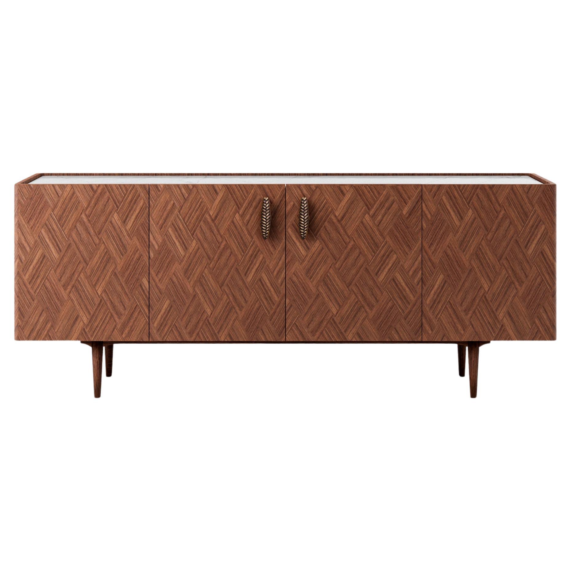 Buffet personnalisable en noyer ou en chêne avec plateau en marbre et intérieur laqué