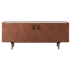 Buffet personnalisable en noyer ou en chêne avec plateau en marbre et intérieur laqué