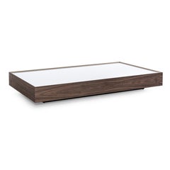 Customizable Walnut Veneer Coffee Table with White Glass Top, Arc Series