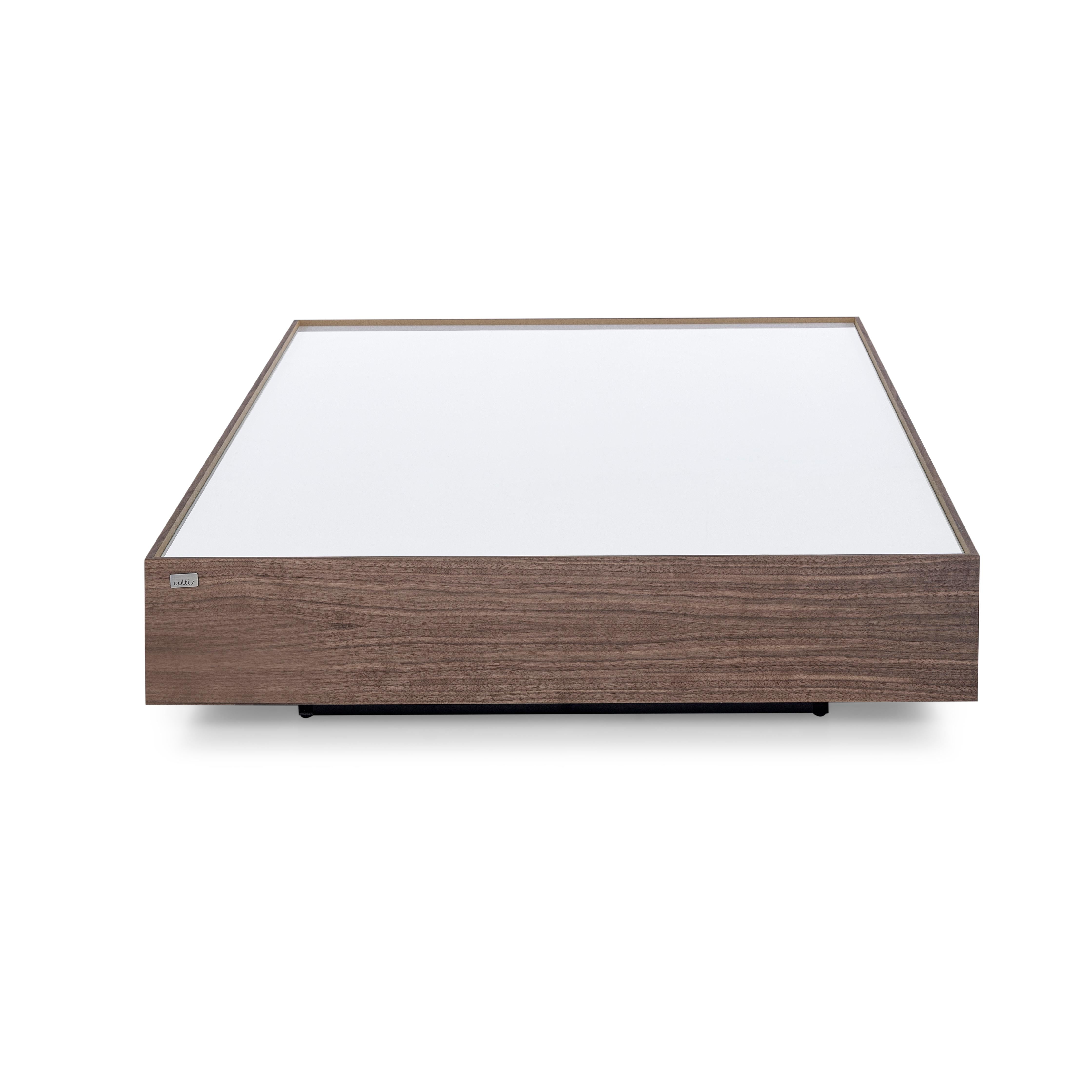 Modern Customizable Walnut Veneer Coffee Table with White Glass Top, Arc Series For Sale