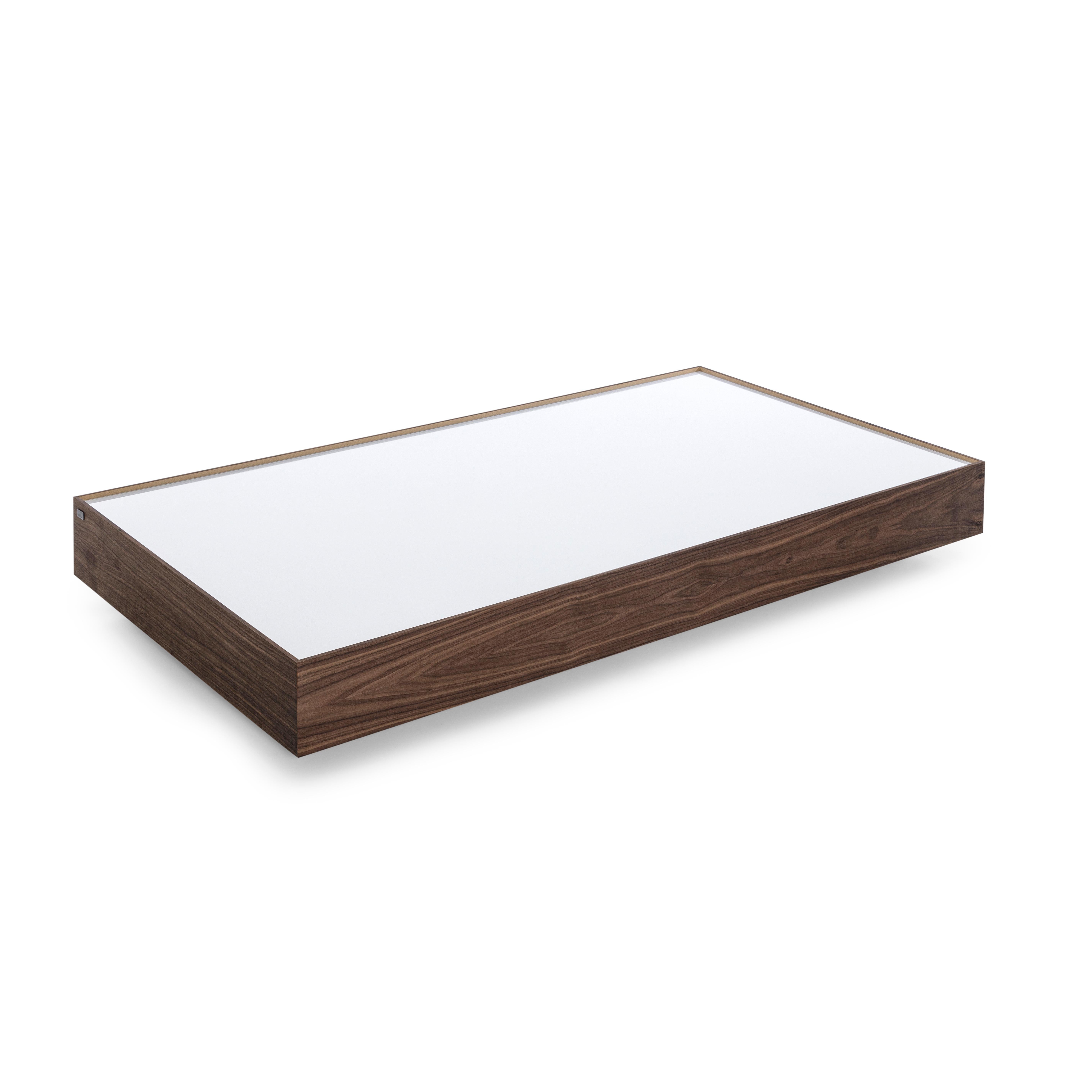 Brazilian Customizable Walnut Veneer Coffee Table with White Glass Top, Arc Series For Sale