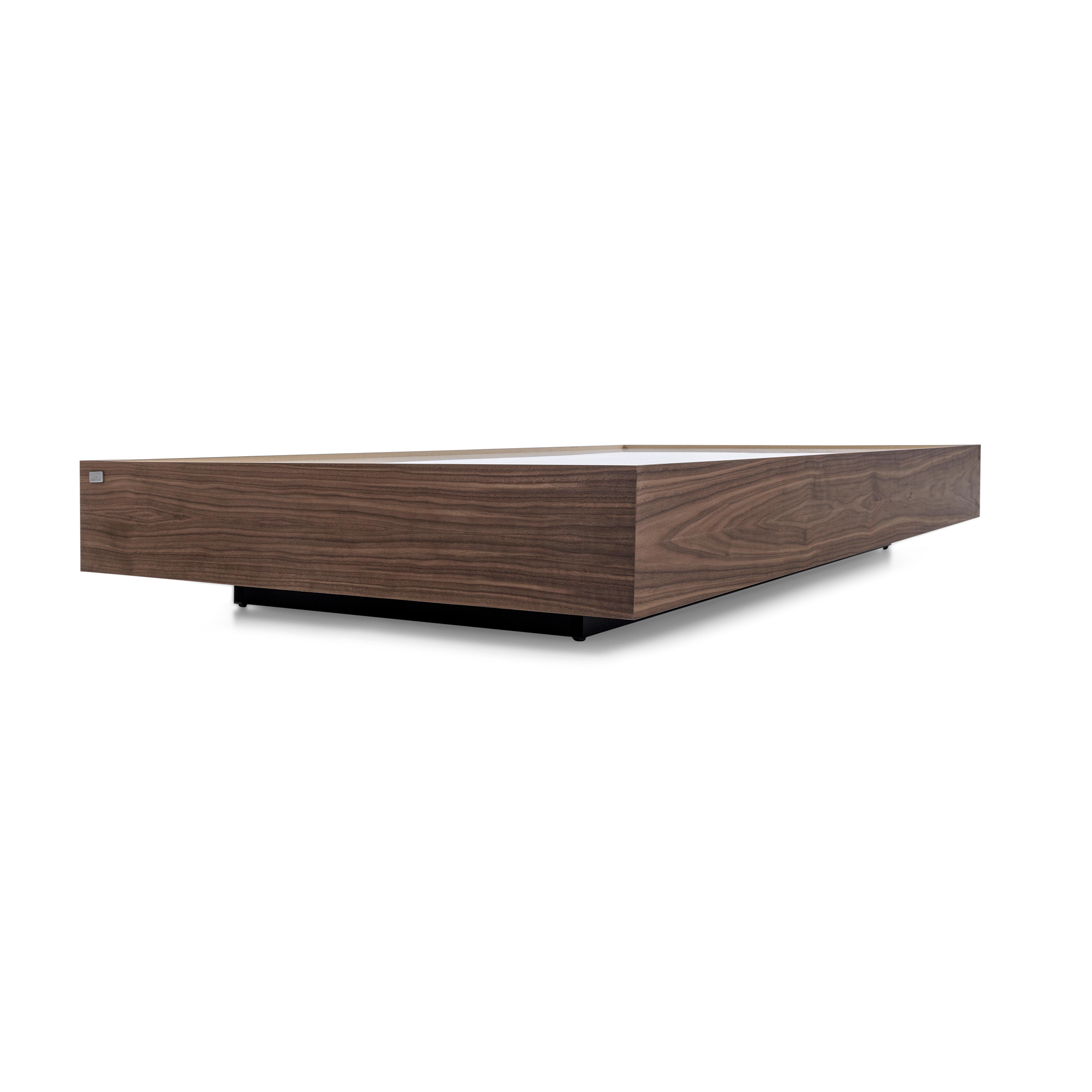 Contemporary Customizable Walnut Veneer Coffee Table with White Glass Top, Arc Series For Sale