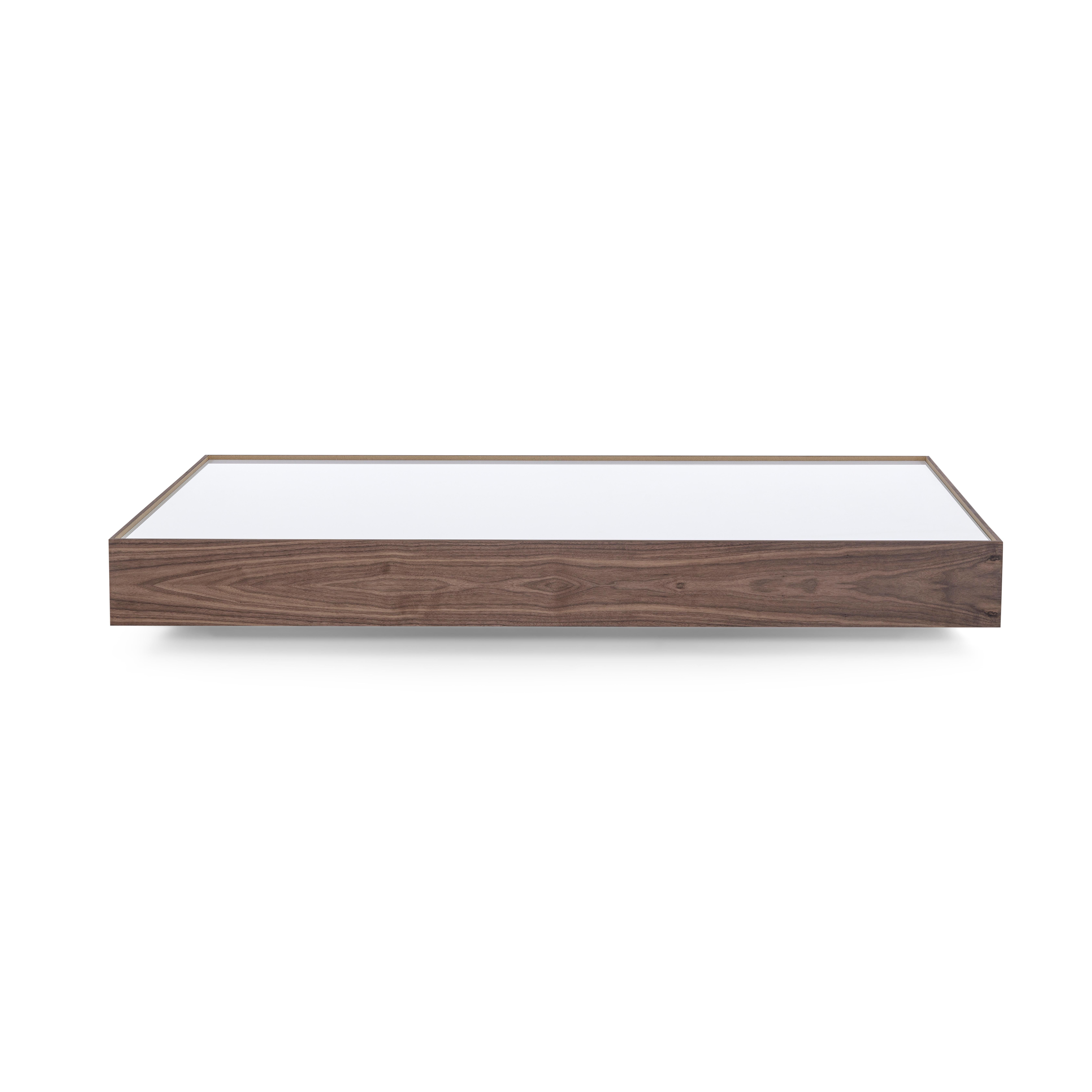 Customizable Walnut Veneer Coffee Table with White Glass Top, Arc Series For Sale 1