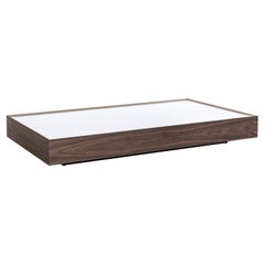 Customizable Walnut Veneer Coffee Table with White Glass Top, Arc Series