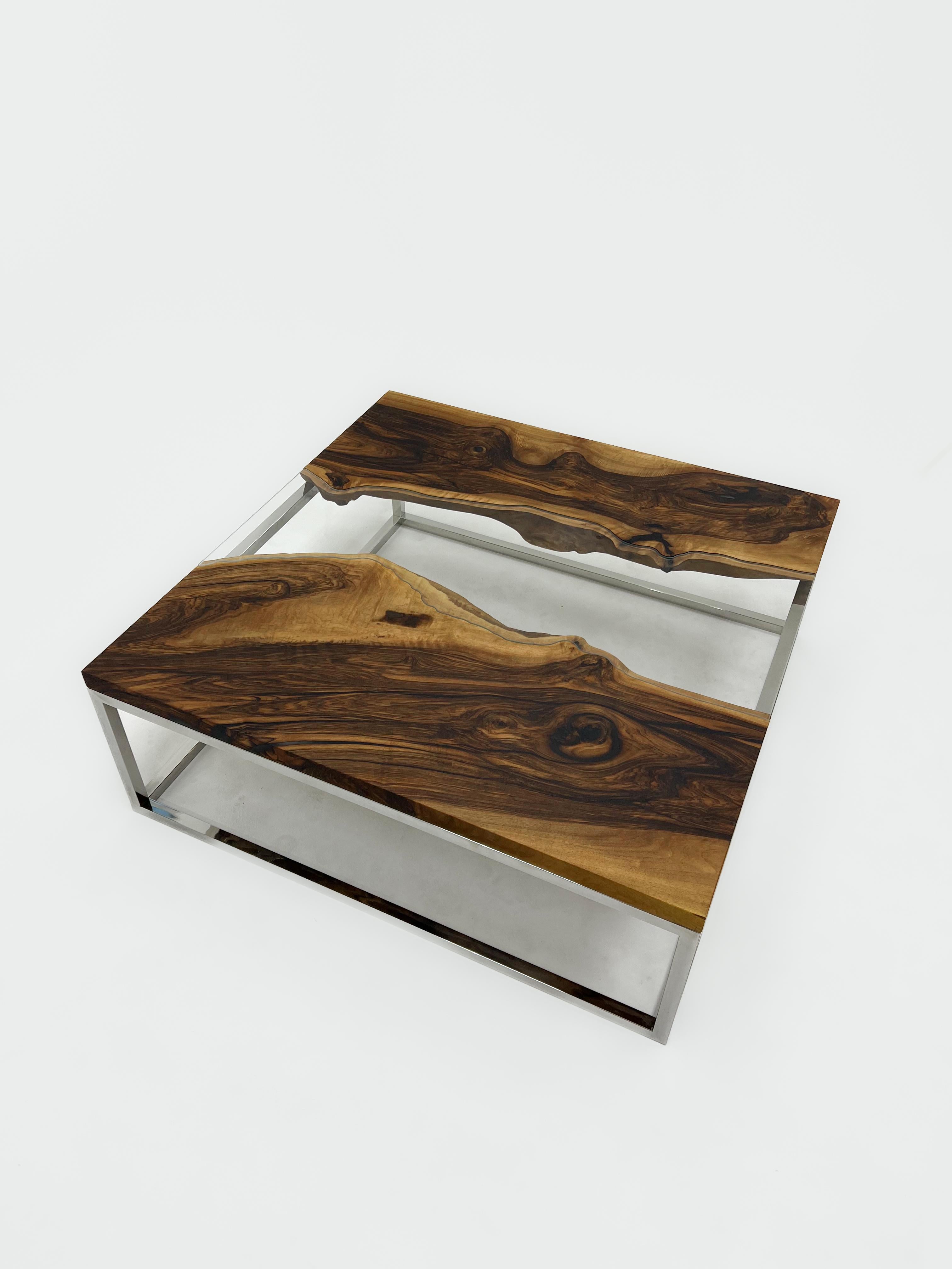 Arts and Crafts Customizable Walnut Wood River Glass Coffee Table For Sale