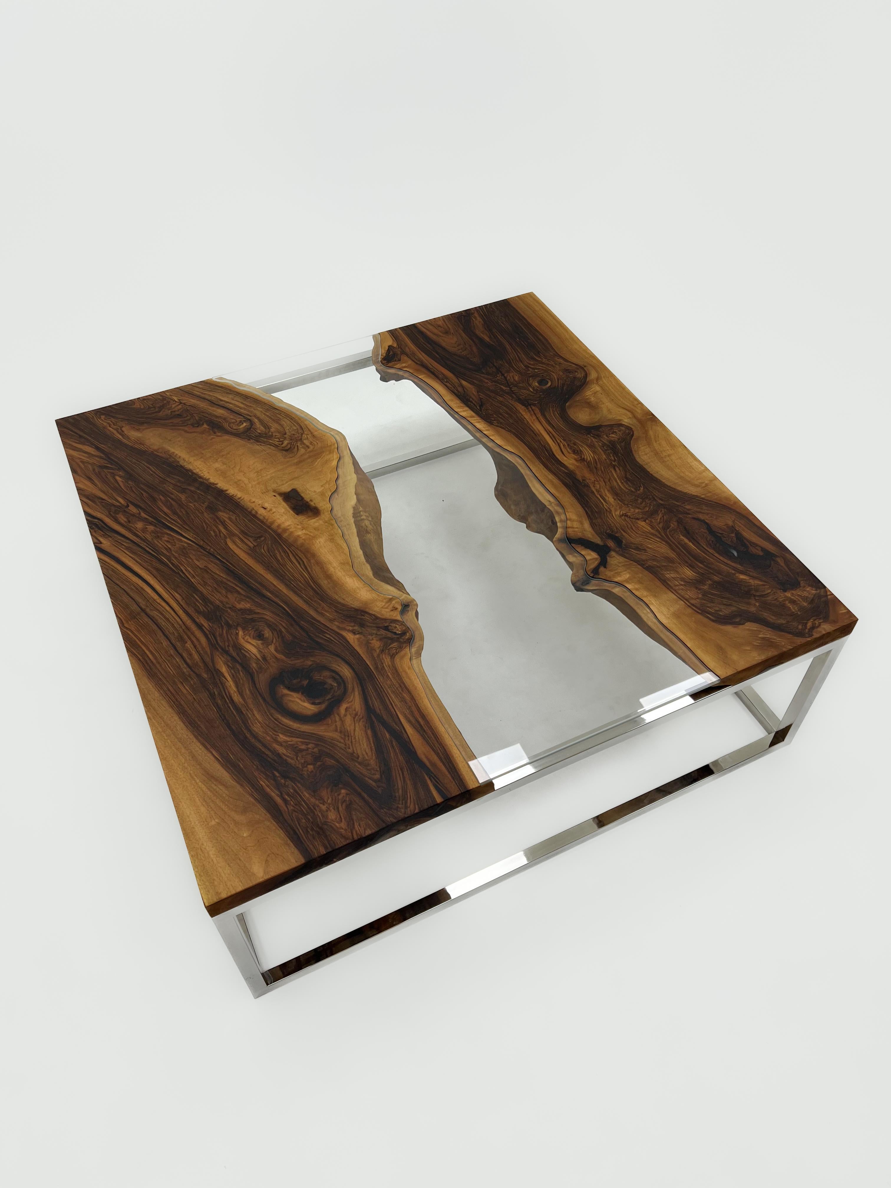 Hand-Carved Customizable Walnut Wood River Glass Coffee Table For Sale