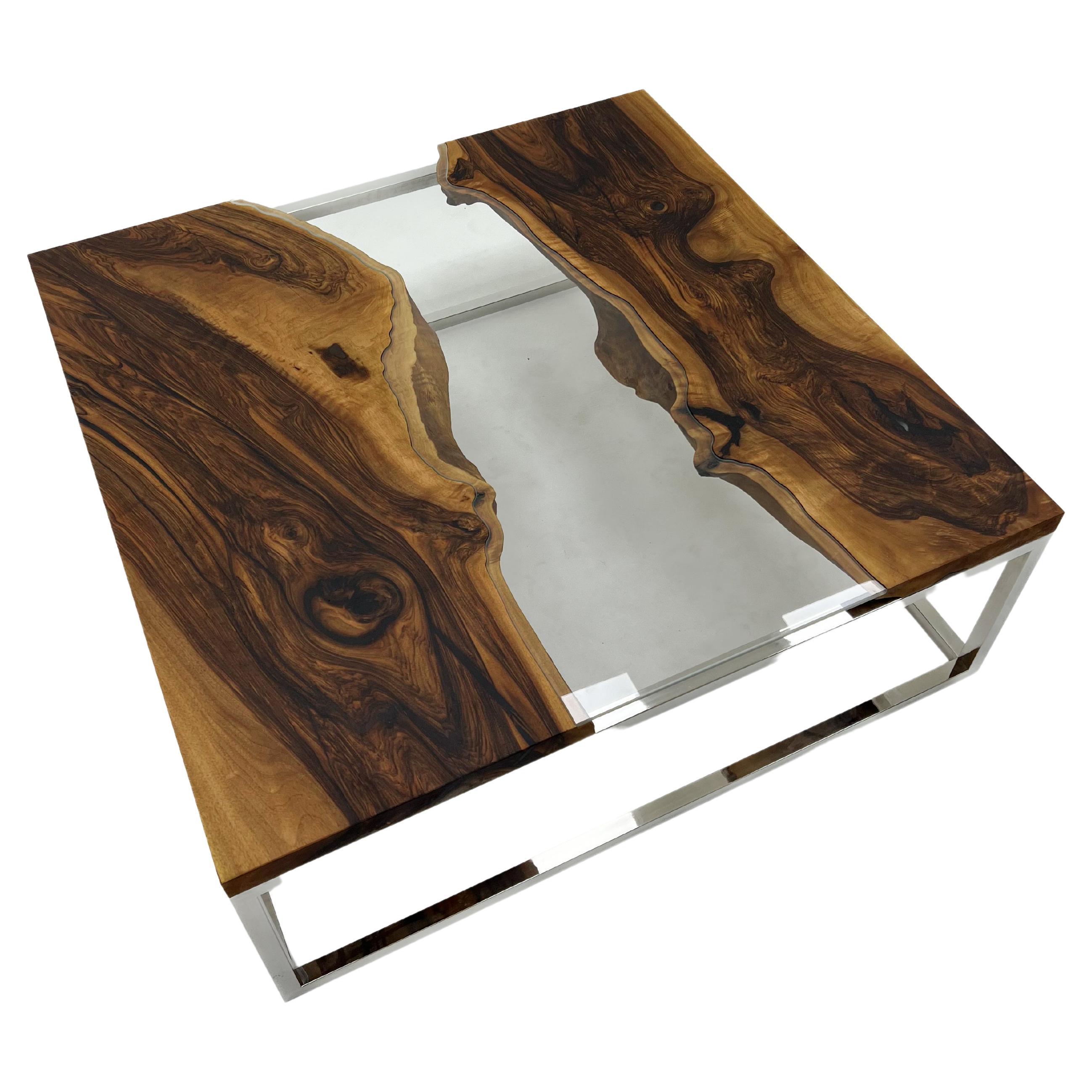 Customizable Walnut Wood River Glass Coffee Table For Sale