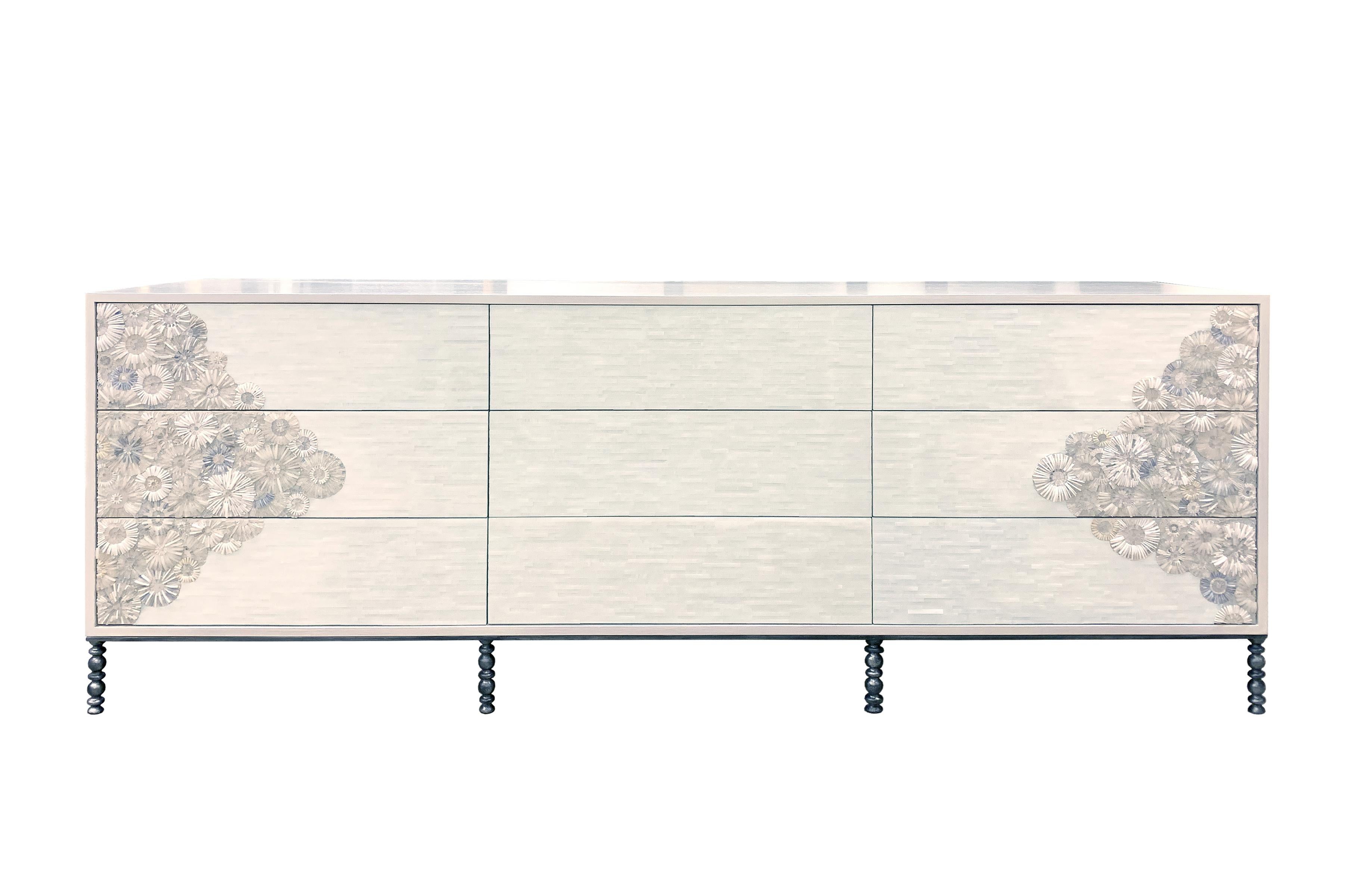 Hand-Crafted Modern White Blossom Flower Glass Mosaic 6-Chest of Drawers by Ercole Home For Sale