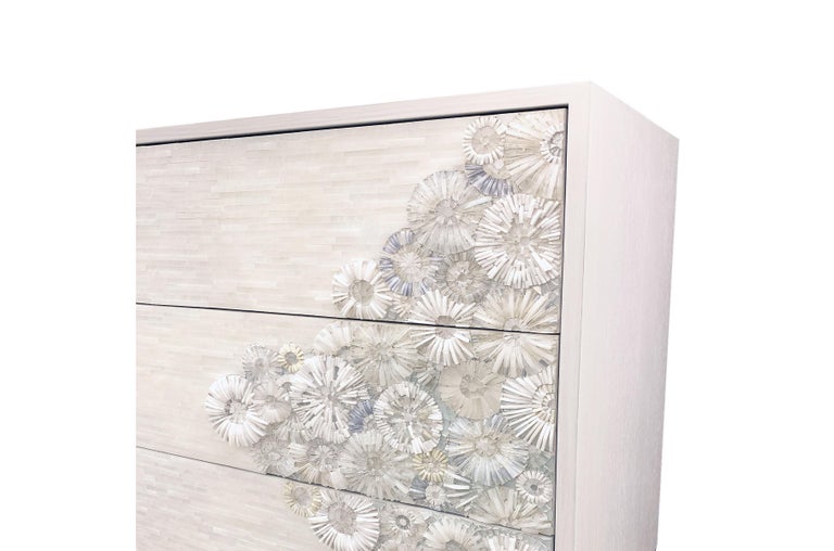 Modern Customizable White Blossom Flower Glass Mosaic 9-Chest of Drawer by Ercole Home For Sale