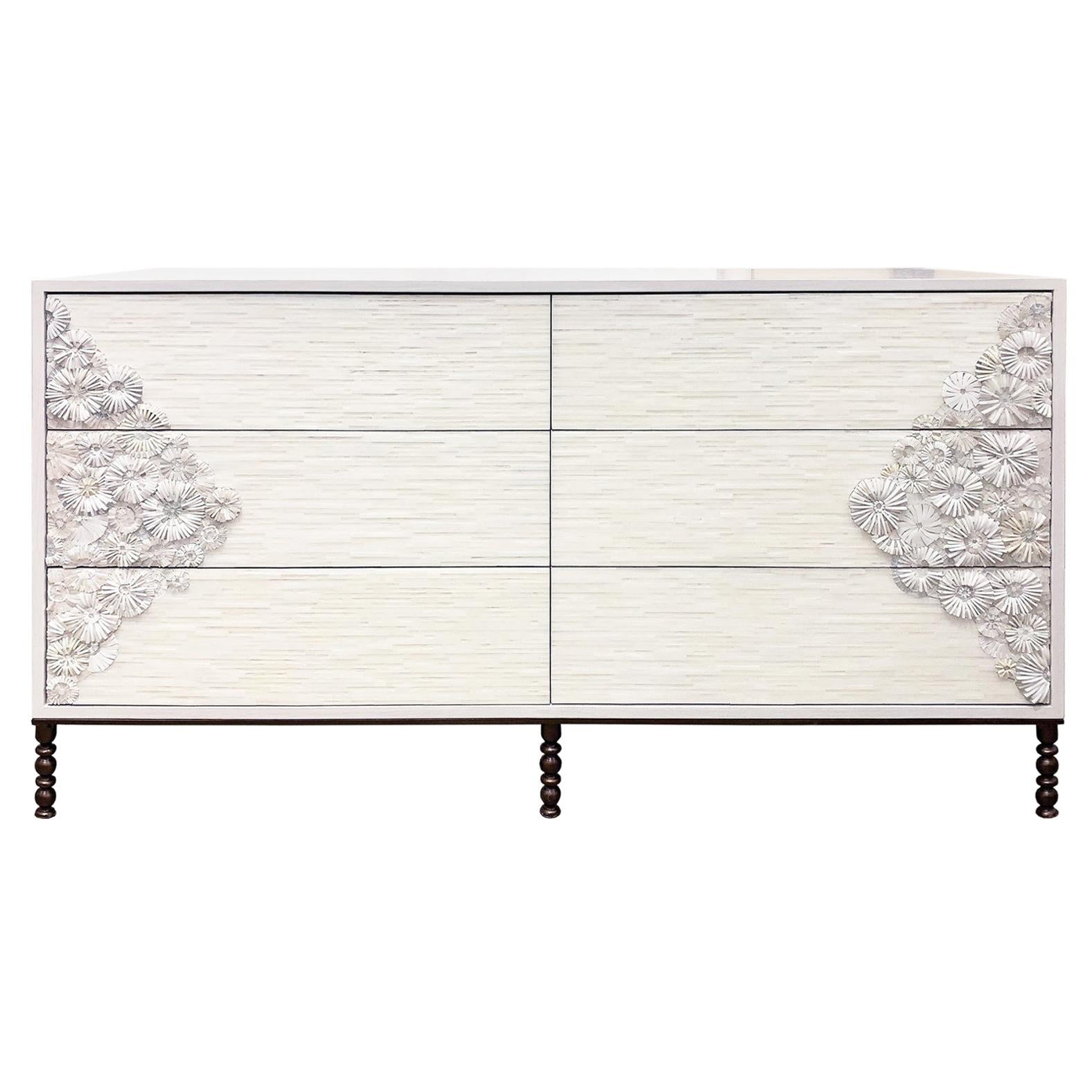 American Modern White Blossom Flower Glass Mosaic 9-Chest of Drawer by Ercole Home For Sale