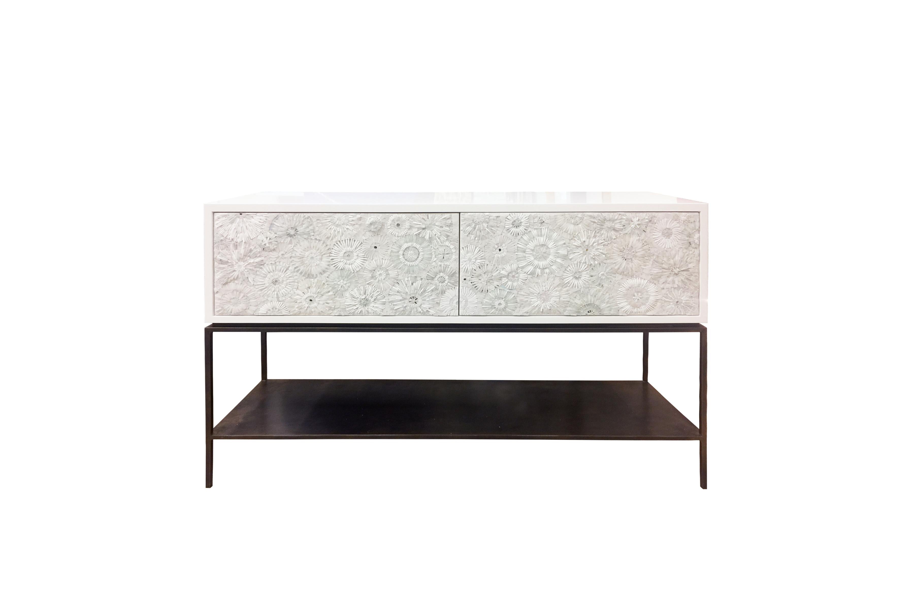 Modern White Blossom Mosaic Serving Buffet with Forged Metal Base by Ercole Home In New Condition For Sale In Brooklyn, NY