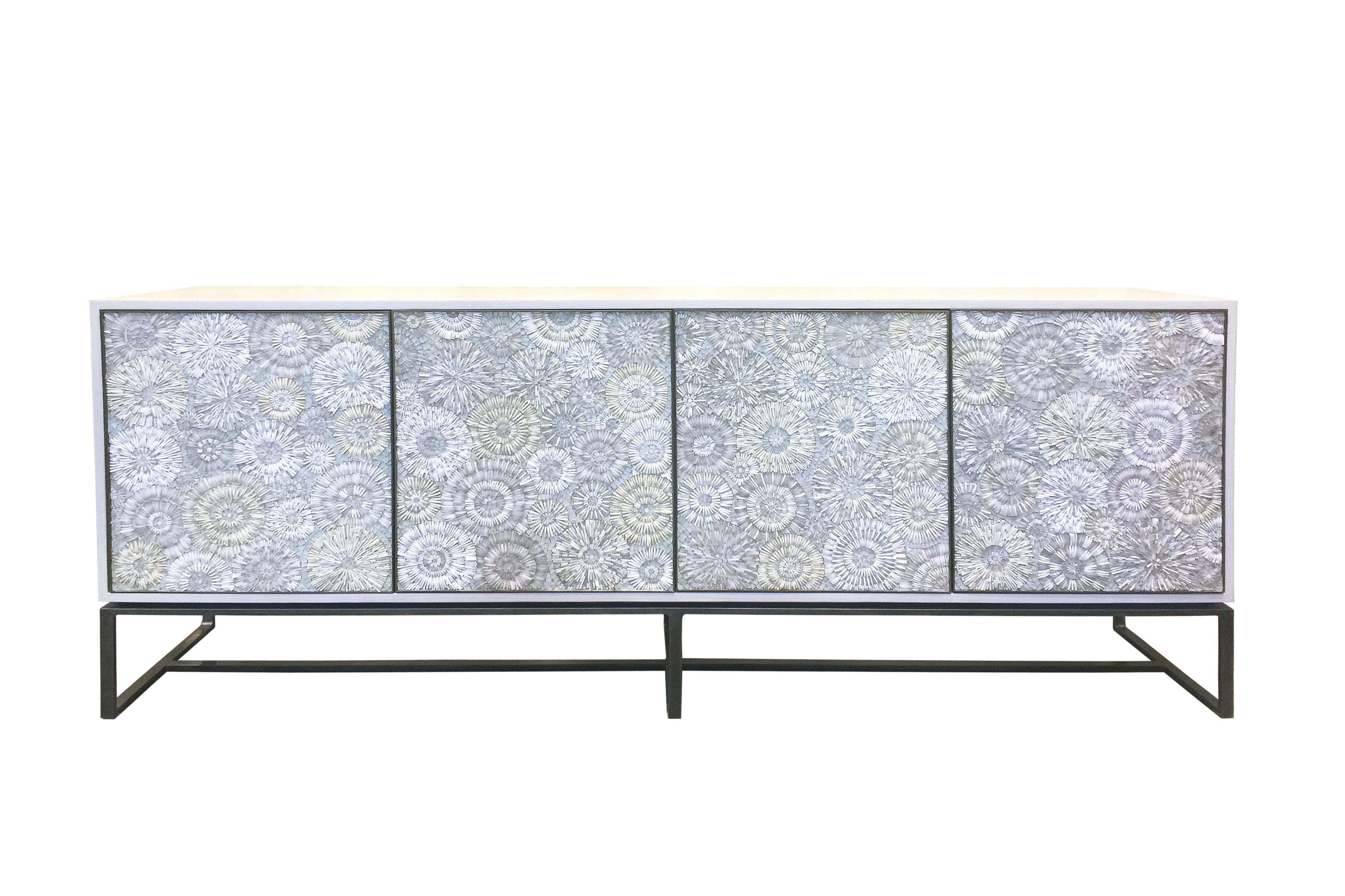Hand-Crafted Modern Blossom Glass Credenza with Black Walnut and Platform Base by Ercole Home For Sale