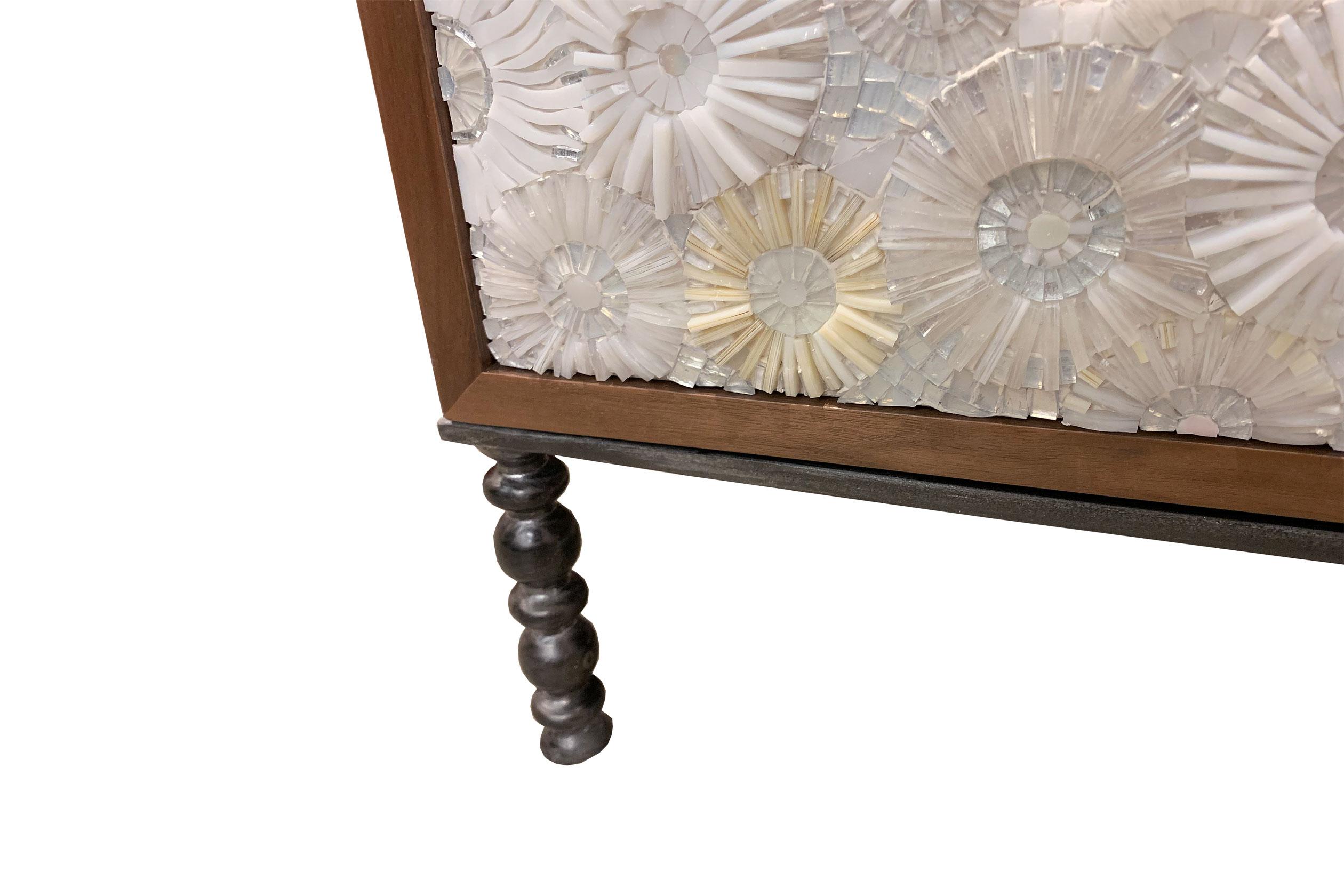 American Modern White Blossom Glass Mosaic Buffet with Natural Walnut by Ercole Home For Sale