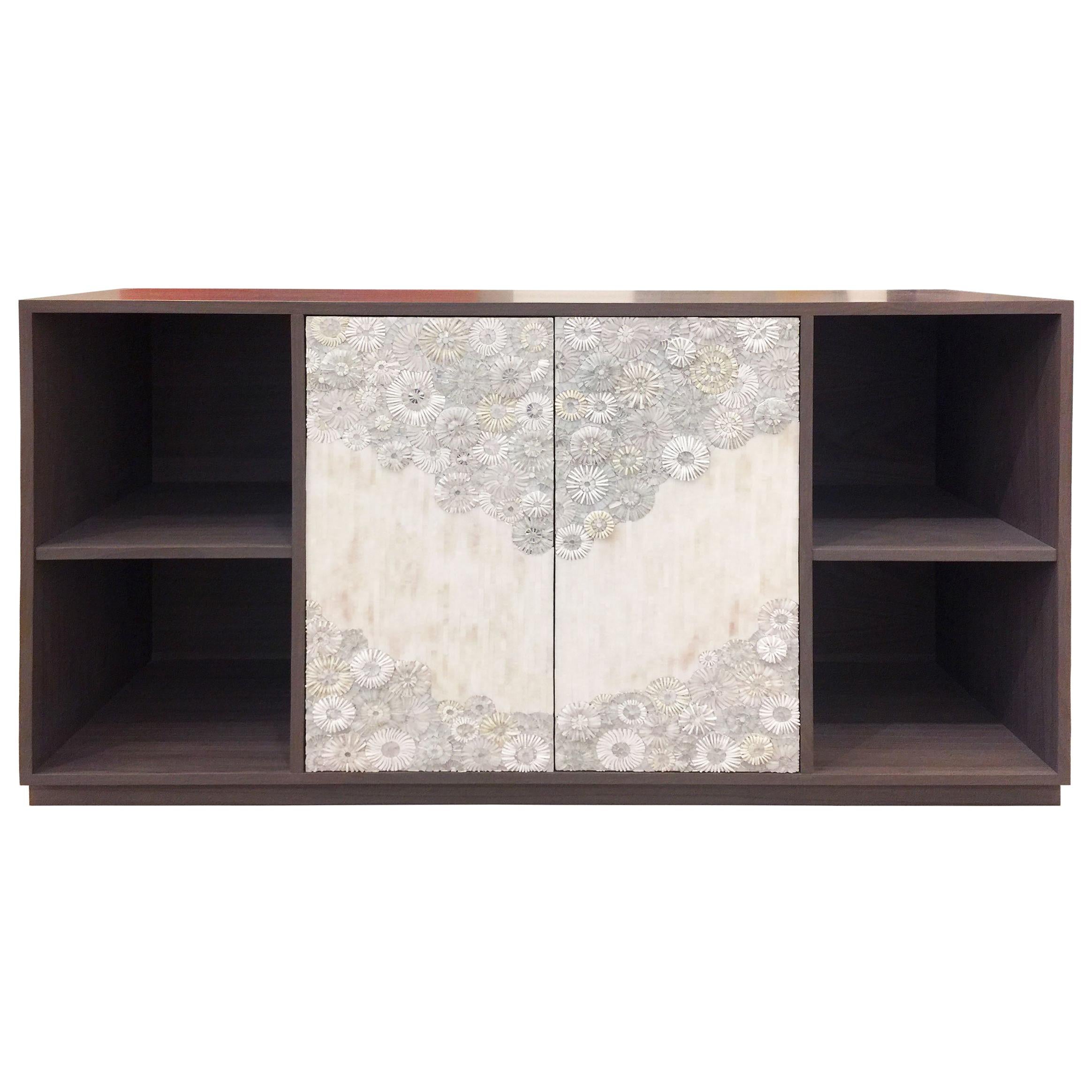 Hand-Crafted Modern White Blossom Glass Mosaic Buffet with Natural Walnut by Ercole Home For Sale