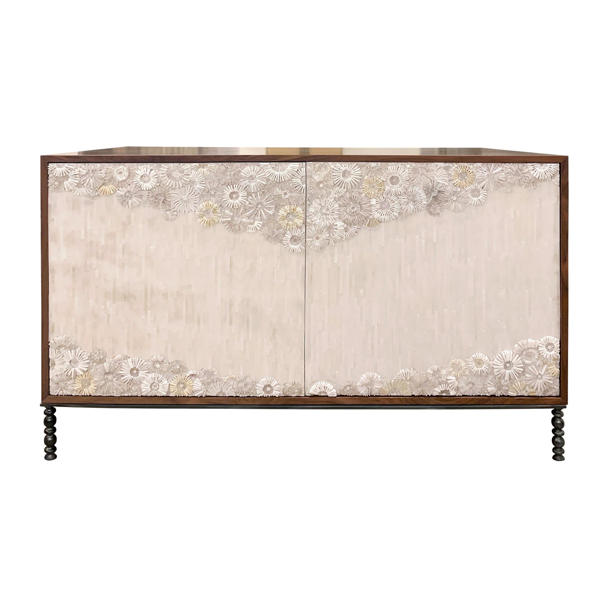 Modern White Blossom Glass Mosaic Buffet with Natural Walnut by Ercole Home