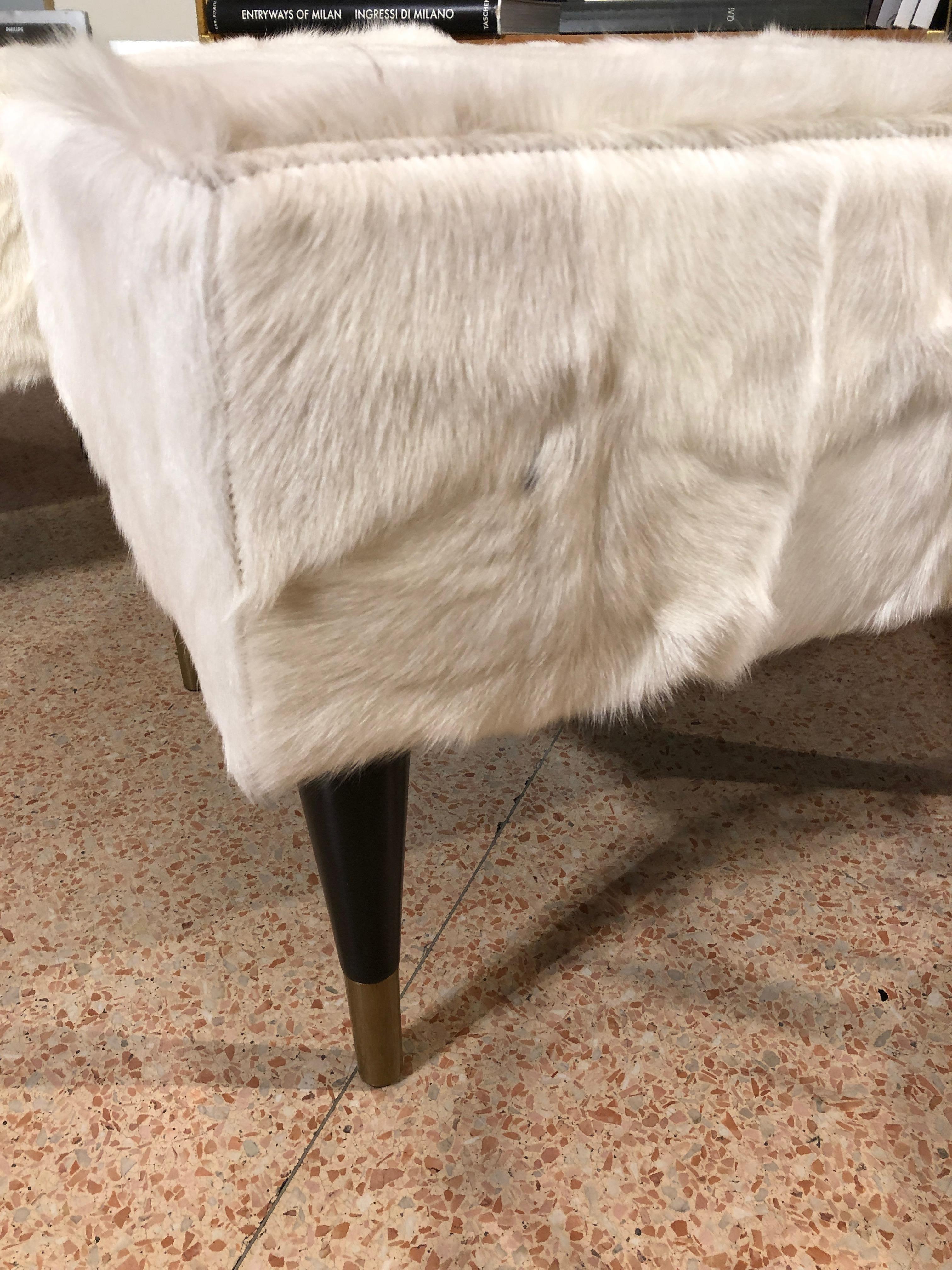 Contemporary Customizable White Fur Black Legs Bronze Endings Stools or Benches 1950s Style