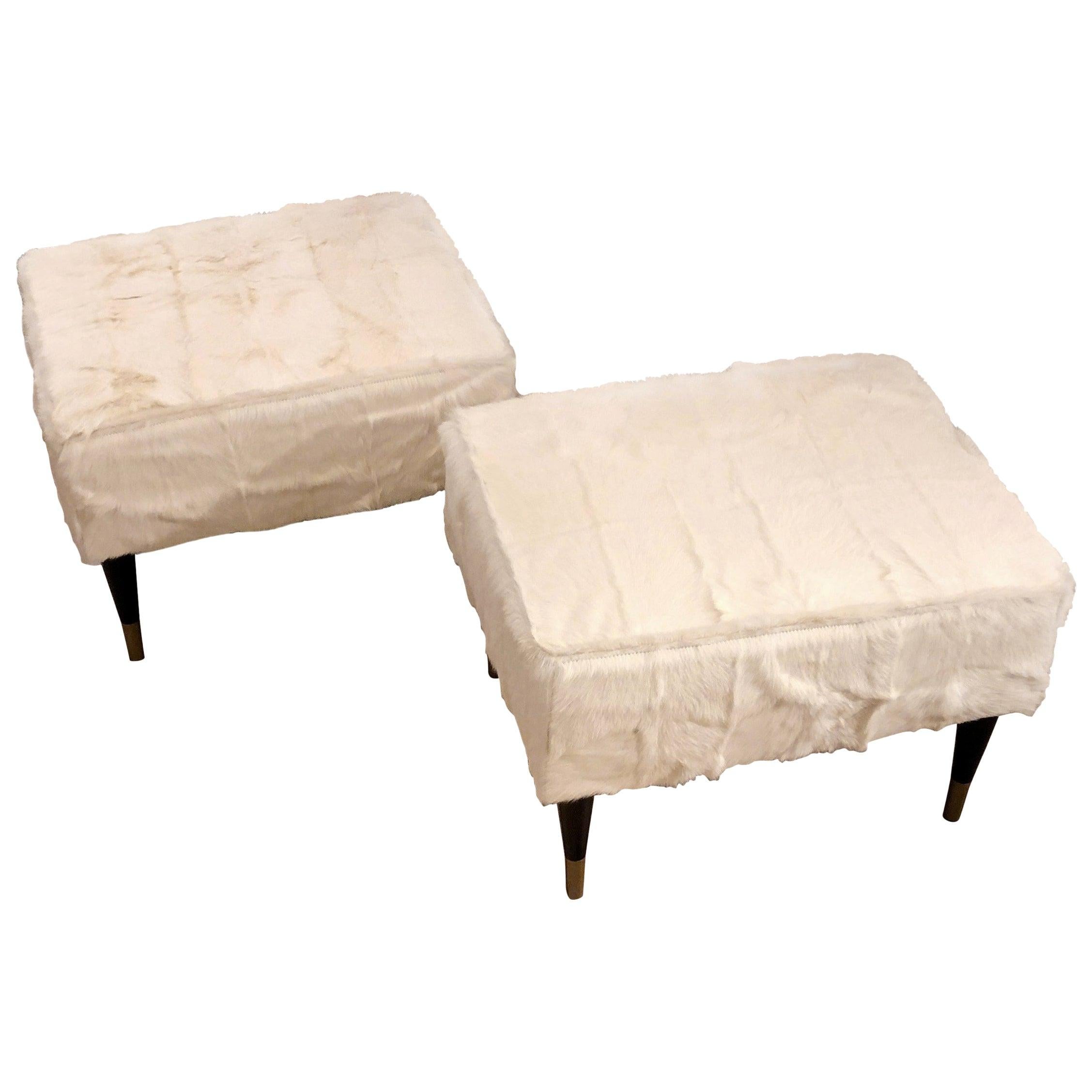 Customizable White Fur Black Legs Bronze Endings Stools or Benches 1950s Style