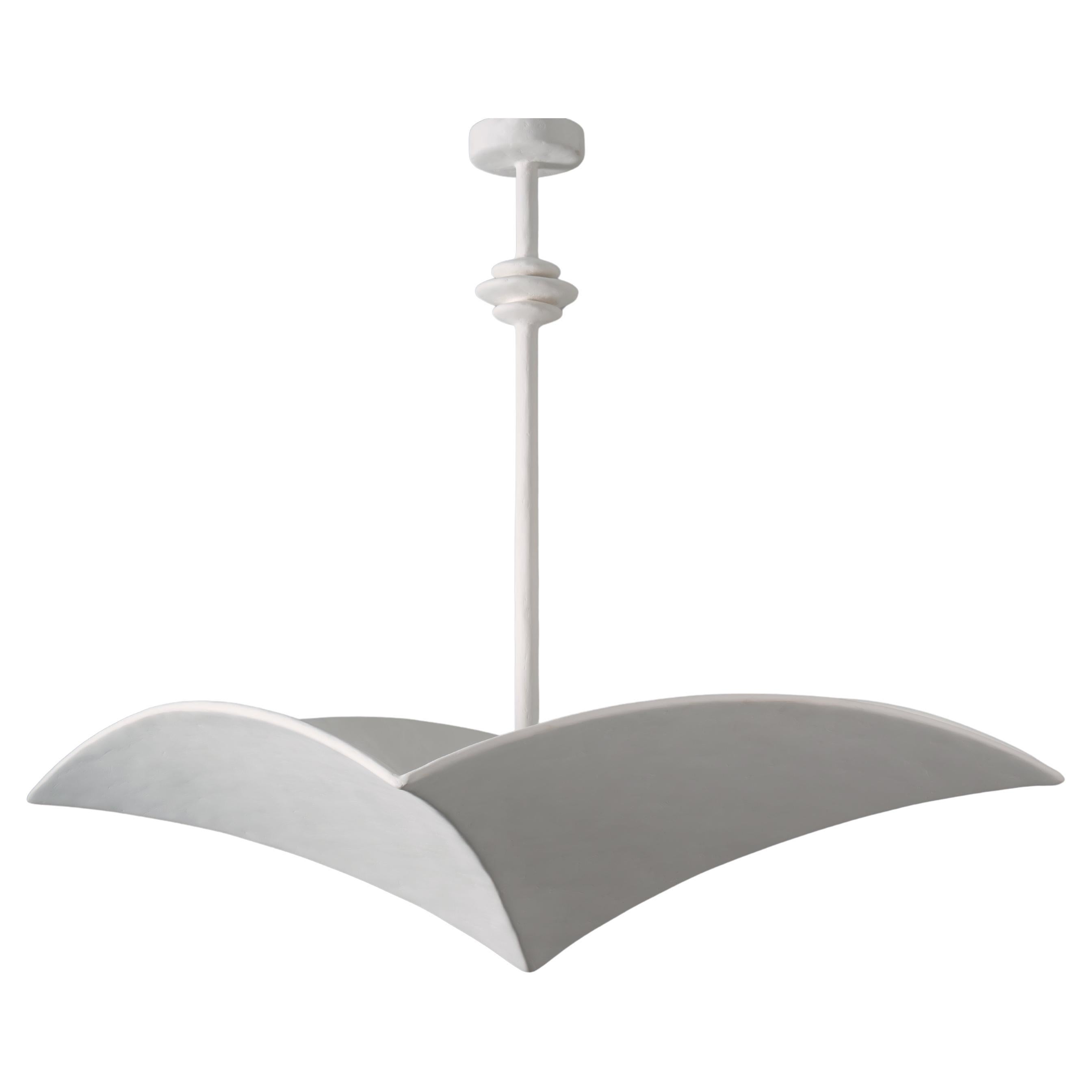 Customizable White Plaster Veris Pendant 30", hung by hand-plastered rod