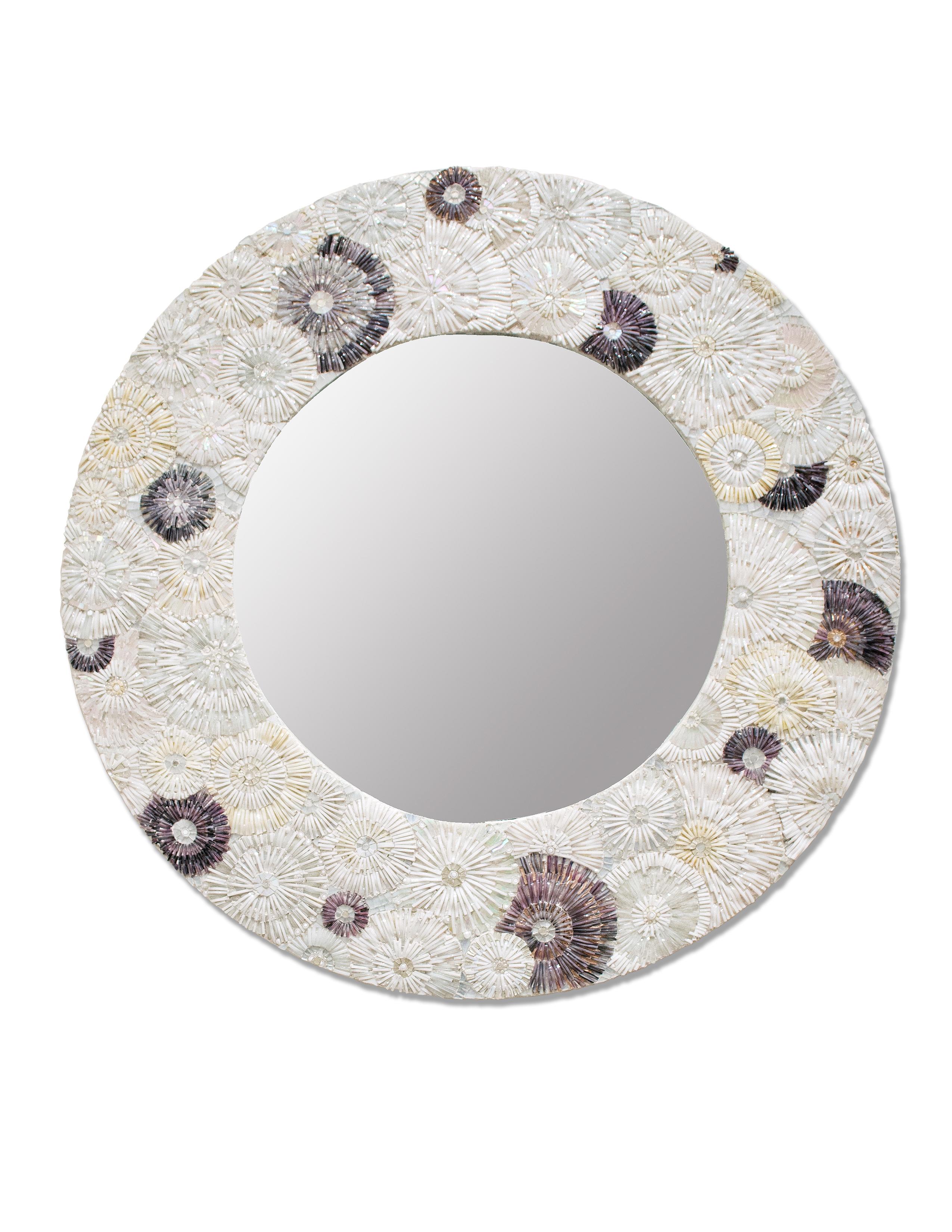 American Modern Whtie Blossom Glass Flower Mosaic Oval Mirror by Ercole Home For Sale