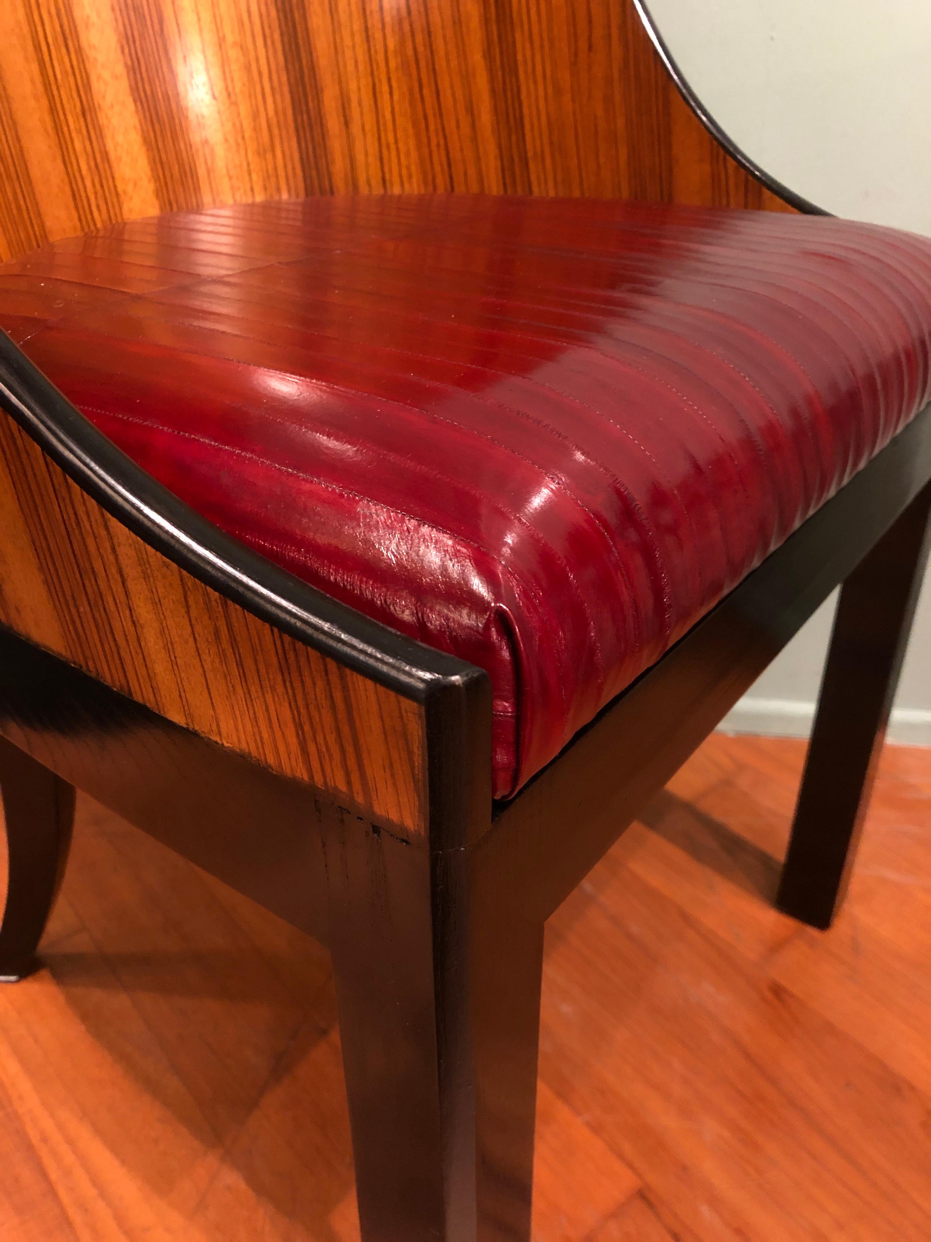 Contemporary Customizable Zebrano Wood Red Leather Seats and Black Details Saber Legs Chairs