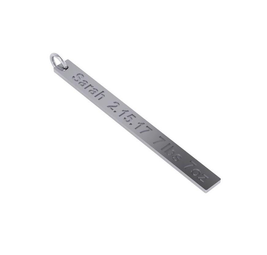 Customize your nameplate in yellow, white, rose gold or platinum. Engrave a name, date, and weight of your newborn. Diamond or gemstone can be added on chain.  
Great gift idea!

Price varies depending on engraving. 
Email for exact price.