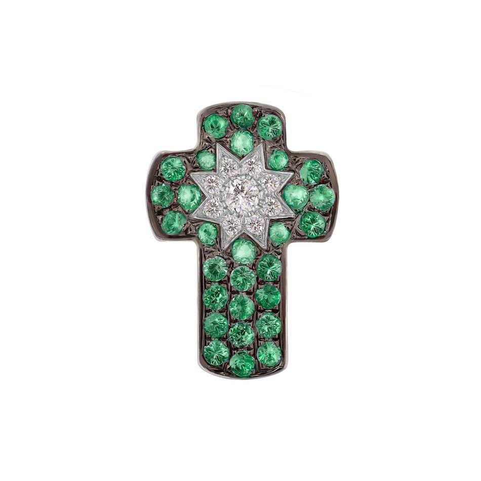 Cross White Gold 14 K (Available also Tsavorite / Pink Sapphire / Cognac Diamonds)
Diamond 1-Round 57-0,03-4/6A
Diamond 8-Round 57-0,03-4/6A 
Blue Sapphire 21-Round-0,2 Т(5)/2C
Blue Sapphire 8-Round-0,06 Т(3)/2C
Weight 1.03 grams

With a heritage of