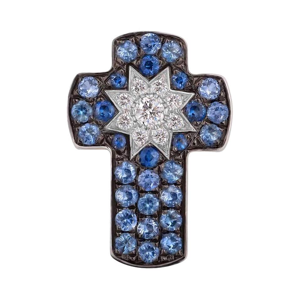 Customize Cross Blue Sapphire Diamond White Gold Pendant For Sale