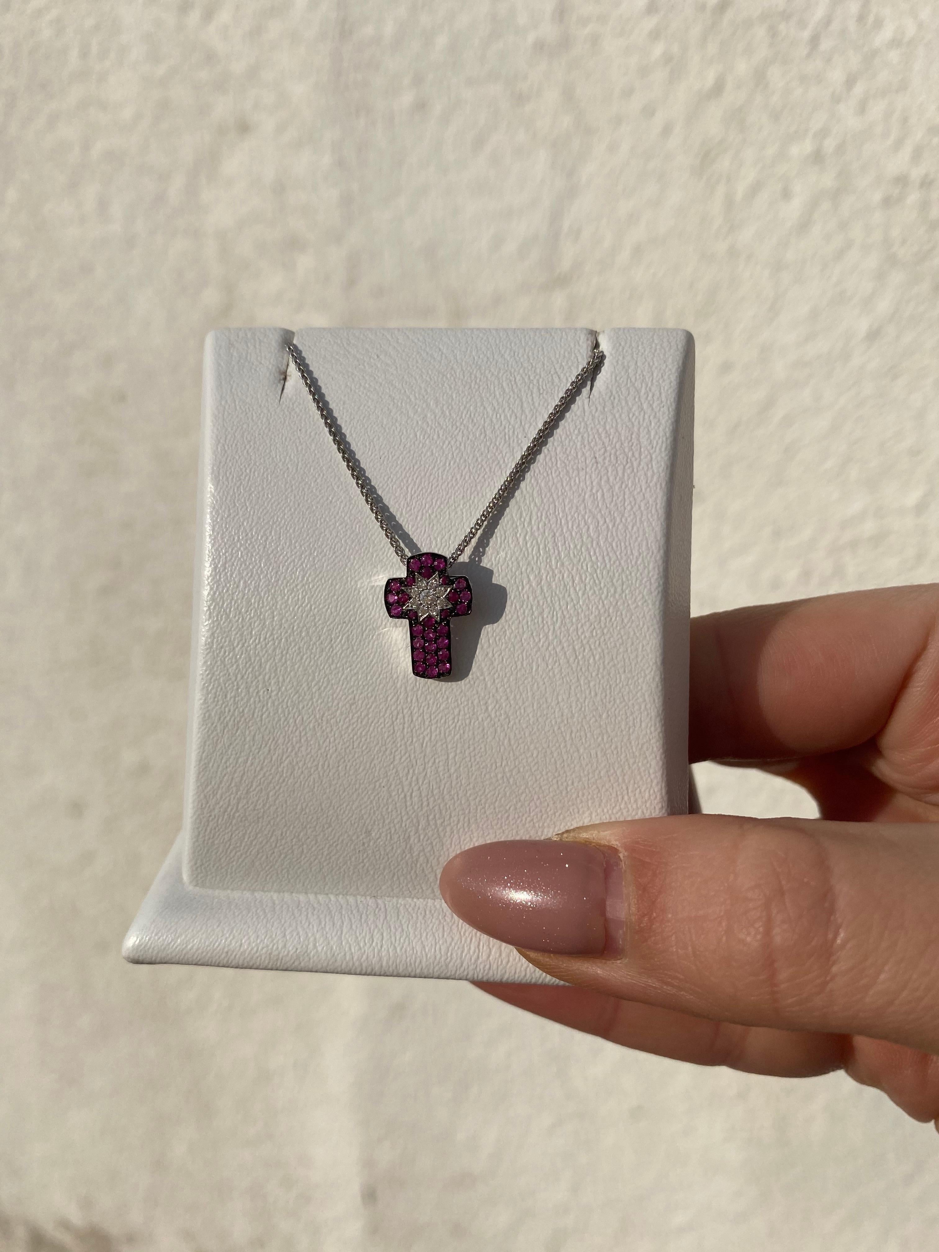 Customize Cross Pink Sapphire Ruby Diamond White Gold Pendant For Sale 2