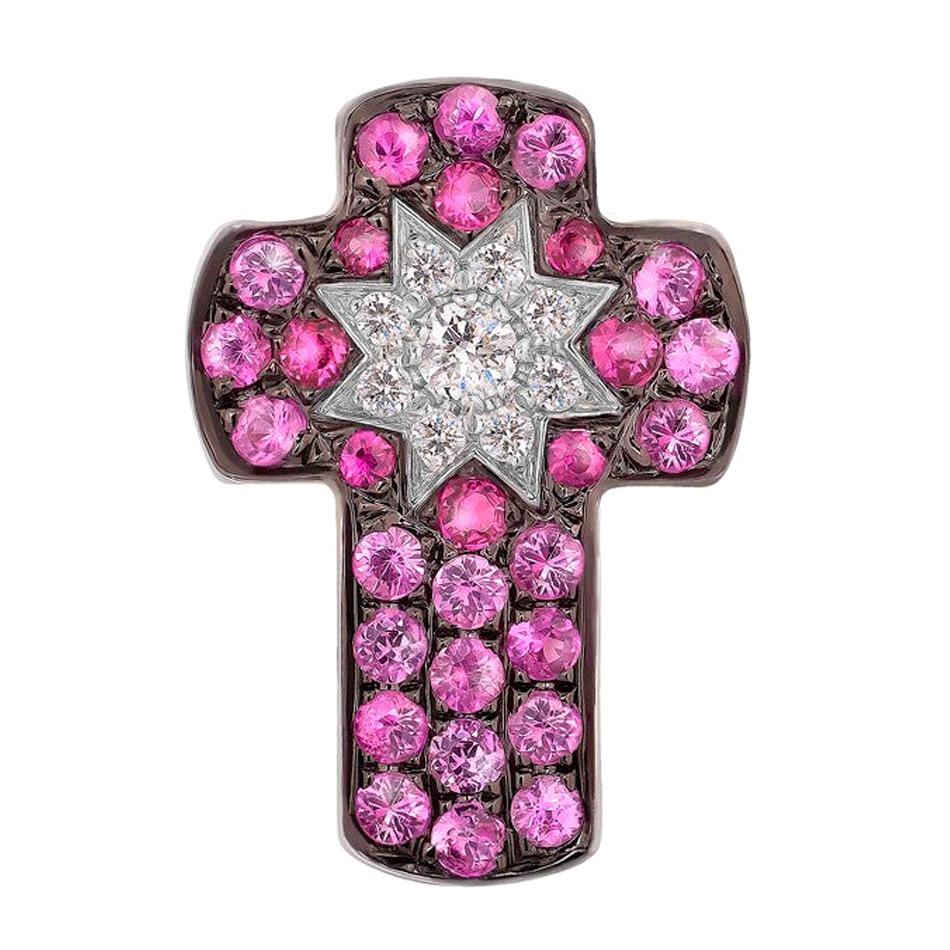 Customize Cross Pink Sapphire Ruby Diamond White Gold Pendant