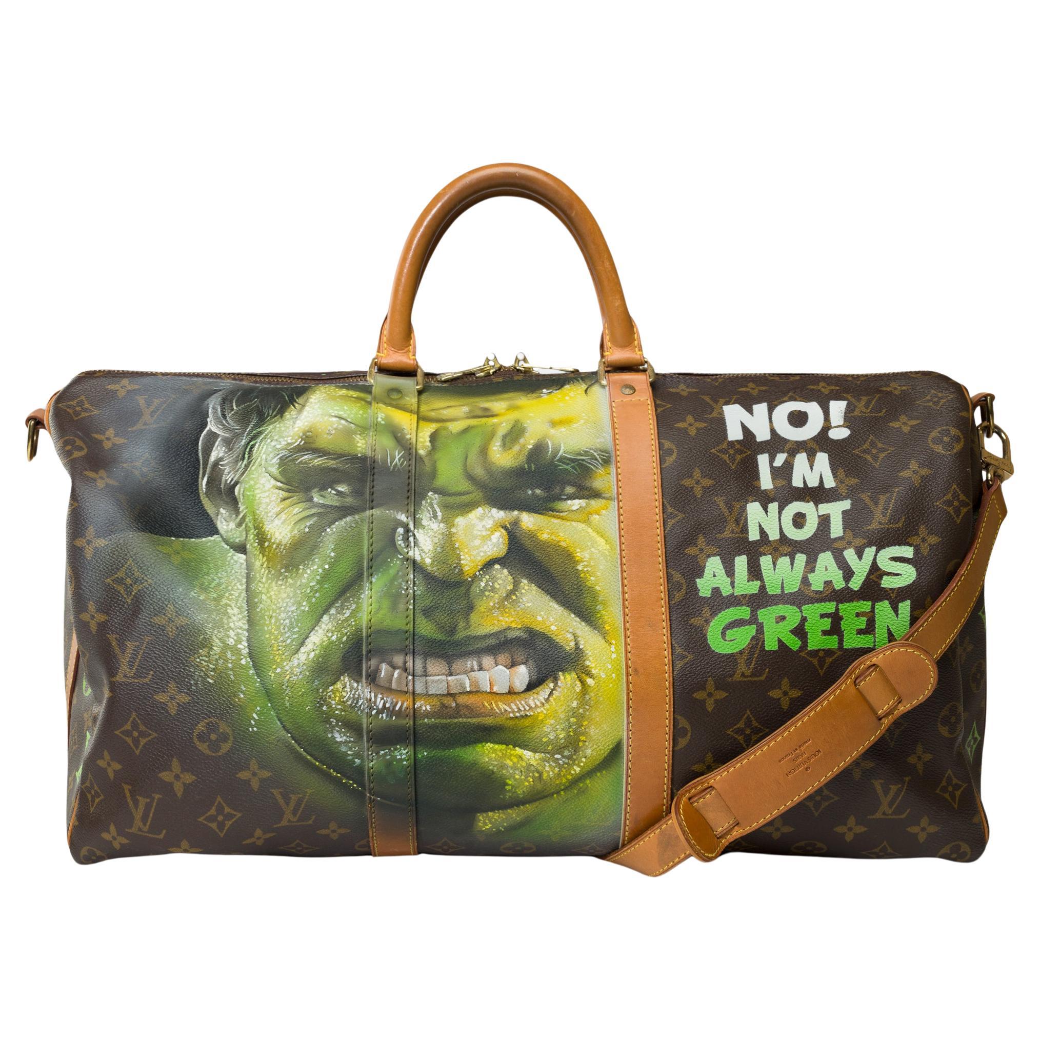Customized "Angry Hulk" Louis Vuitton Keepall 50 travel bag in brown canvas, GHW For Sale