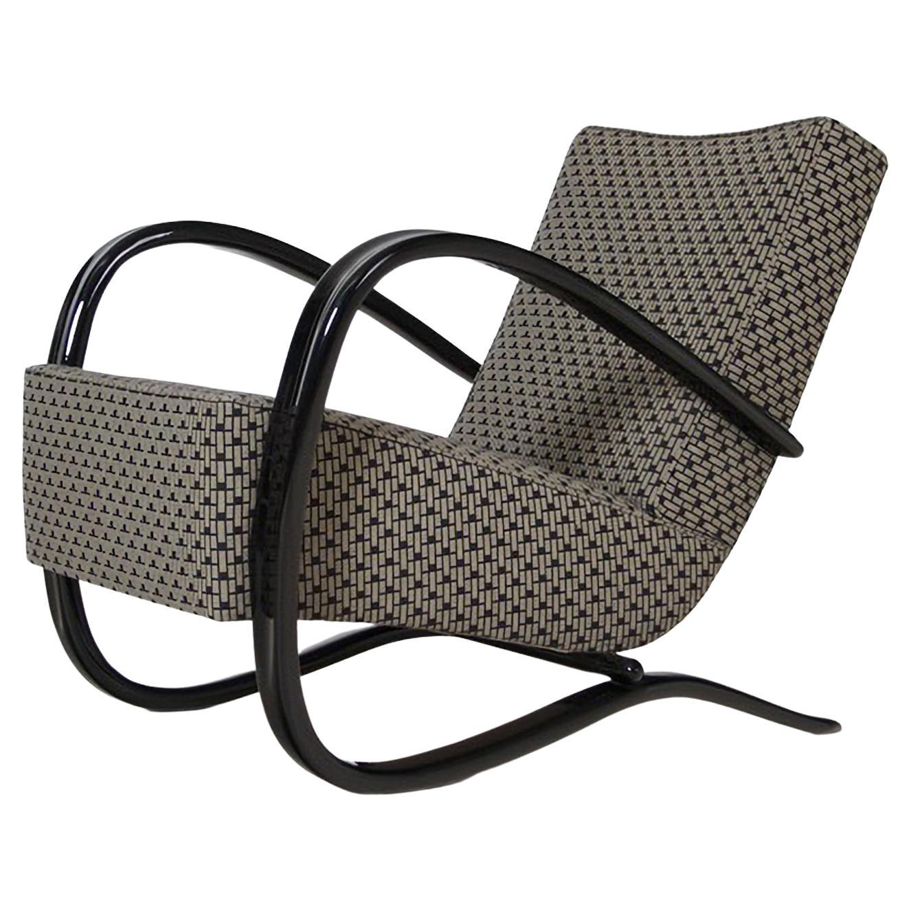Maßgefertigter Art-Déco-Sessel von Jindrich Halabala, glänzender Lack, grauer Stoff