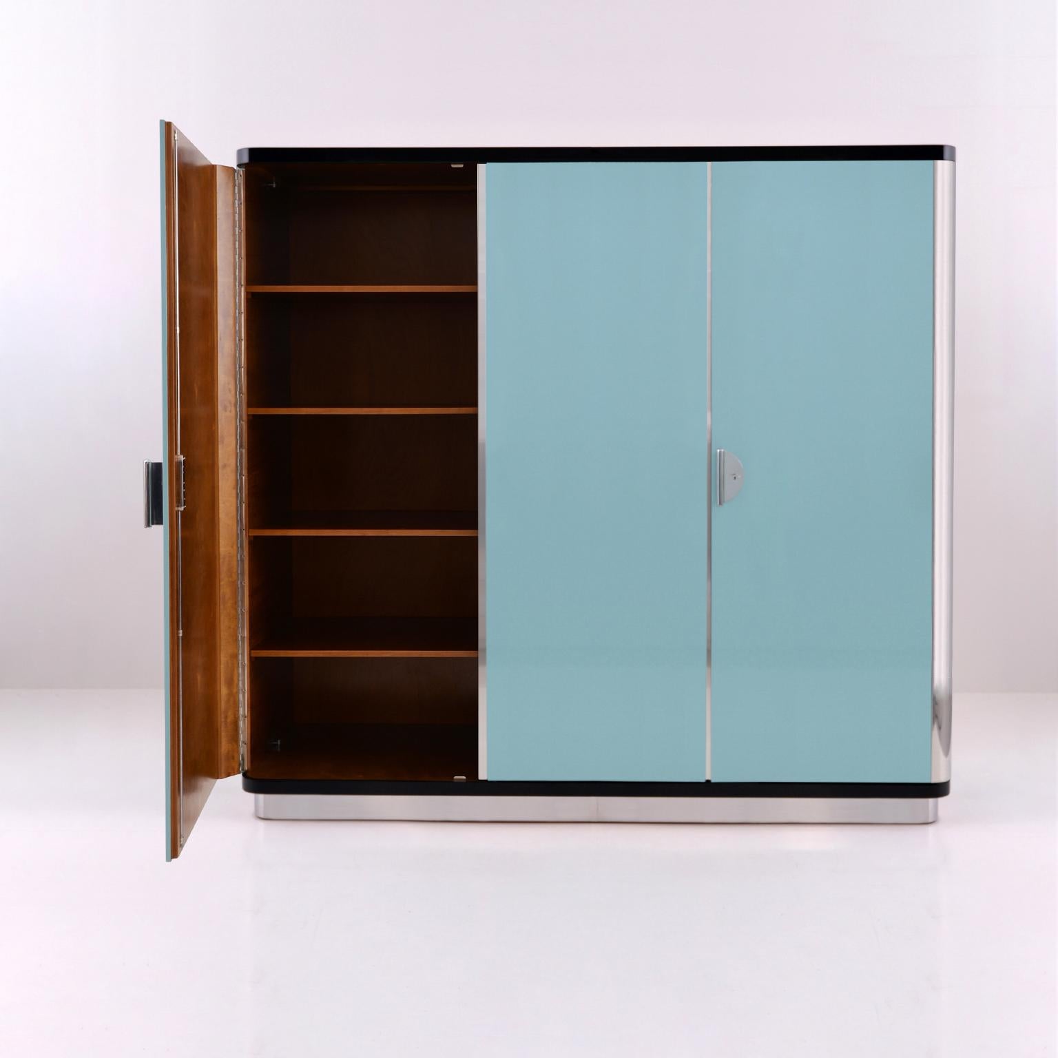 Metal Customized Art Deco Streamline Three-Door Wardrobe in High-Gloss Lacquered Wood For Sale