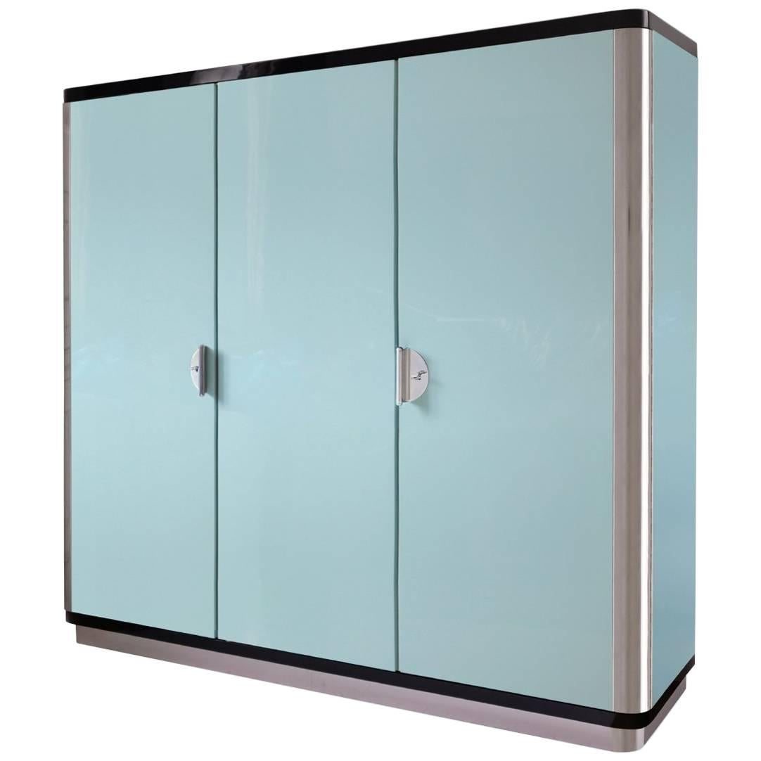 Customized Art Deco Streamline Three-Door Wardrobe in High-Gloss Lacquered Wood For Sale