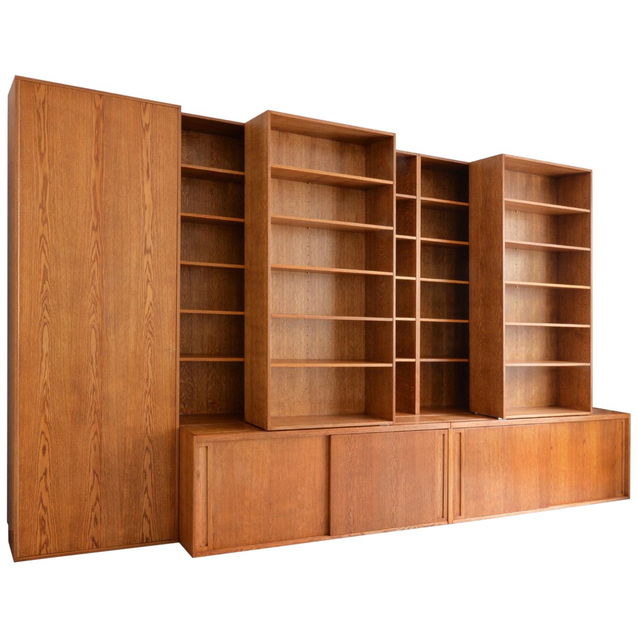Customized Bookshelf in Handcrafted Wood with Sliding and Adjustable Shelves For Sale