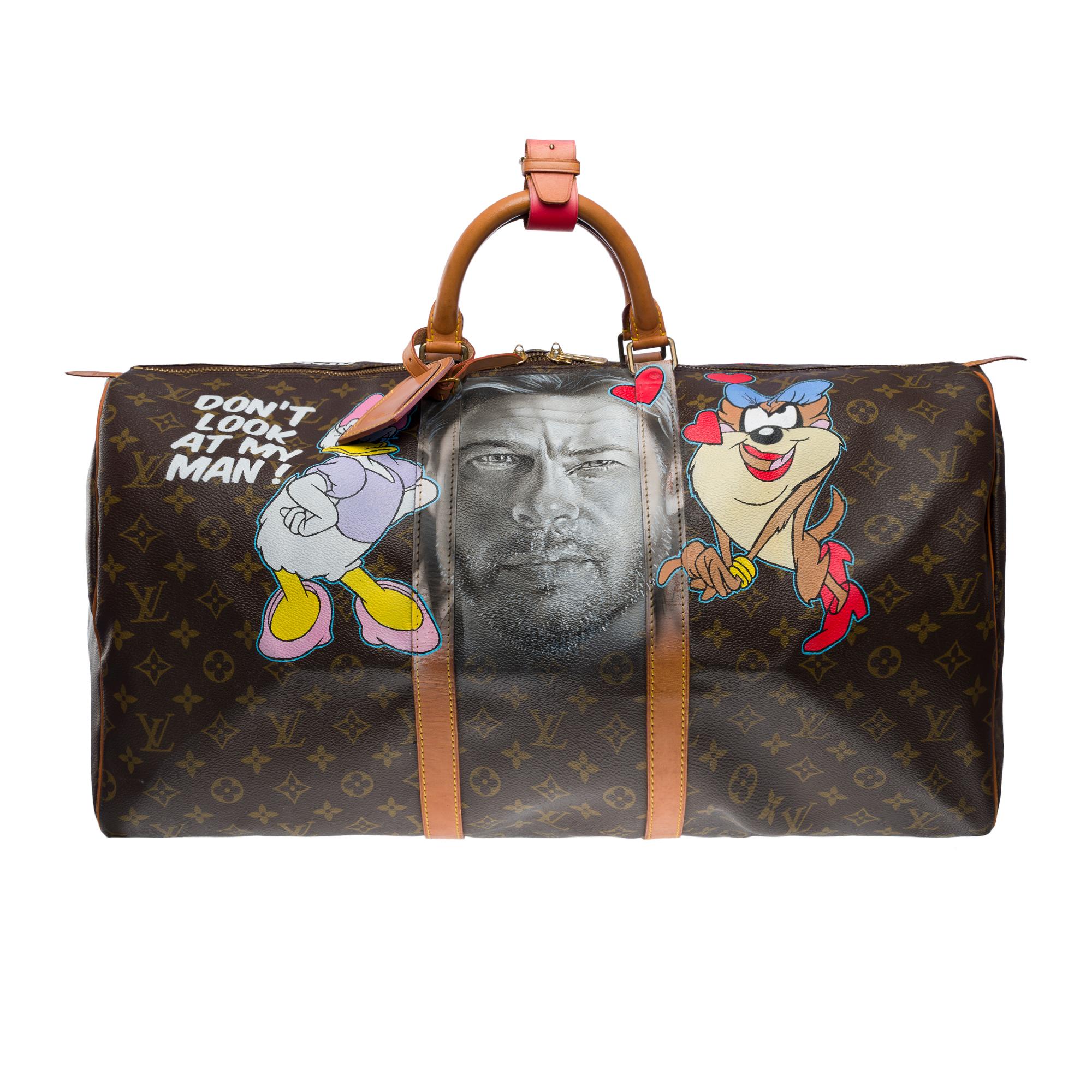 Etonnant sac de voyage Louis Vuitton Keepall 55 en toile monogramme marron personnalisé par l'artiste en vogue du Street Art PatBo 