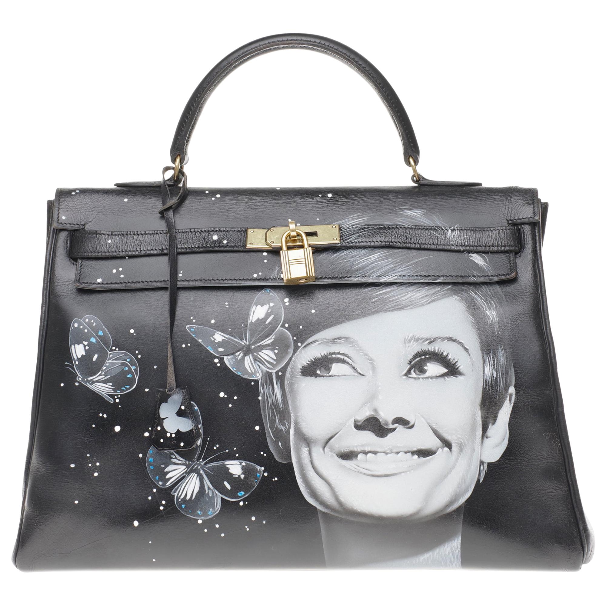 Customized "Butterflies by Kelly#47" on Kelly 35 cm handbag in black calfskin