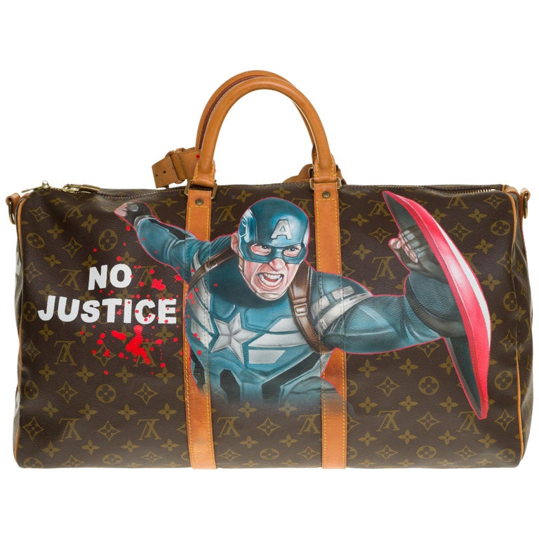 Customized "Captain America" Louis Vuitton Keepall 50 travel bag in brown canvas For Sale