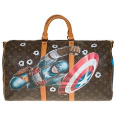 Customized "Captain America" Louis Vuitton Keepall 50 travel bag in brown canvas