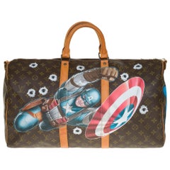 Maßgefertigte Louis Vuitton Keepall 50 Reisetasche „Captain America“ aus braunem Segeltuch