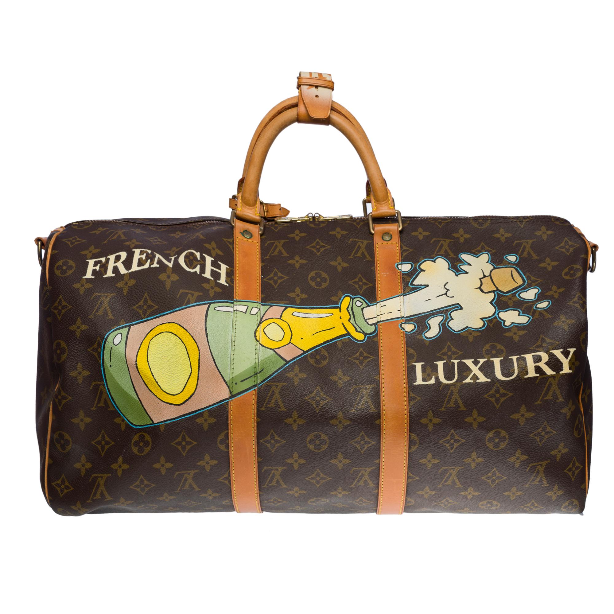 Exceptional travel bag Louis Vuitton Keepall 50 strap Travel bag in brown monogram canvas and natural leather customized 