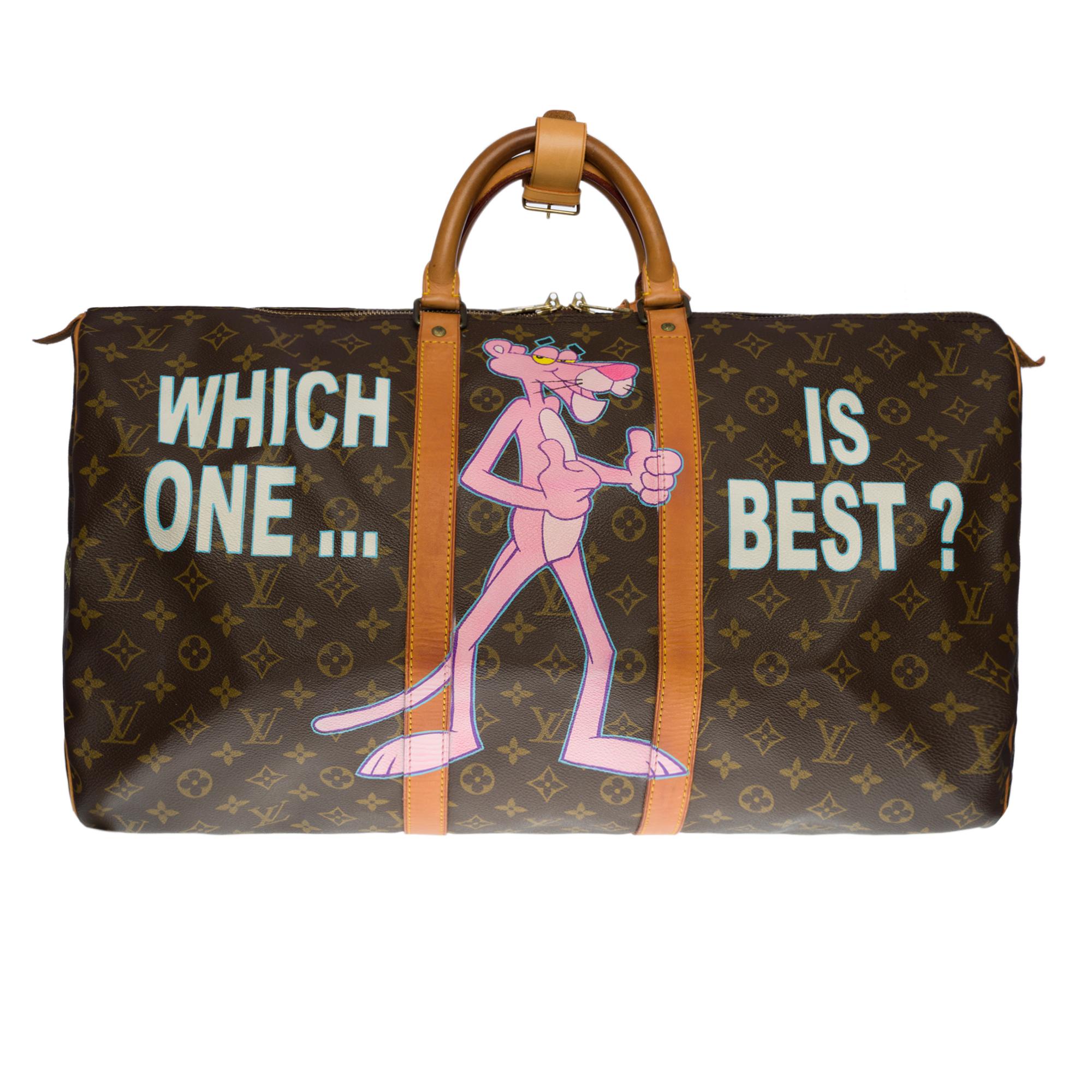 Superb Louis Vuitton Keepall 55 cm travel bag in Monogram canvas customized by the fashionable artist of Street Art PatBo putting in battle the two most famous brands of Champagne 