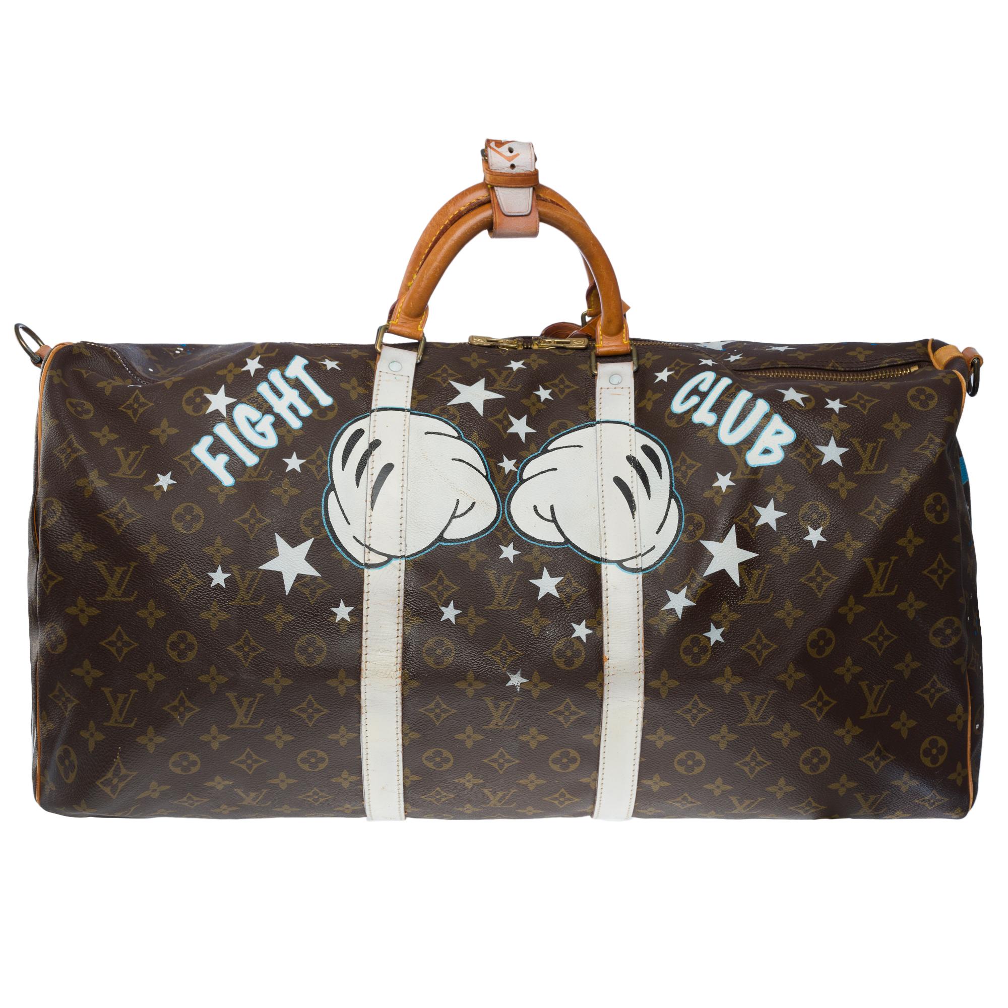 Exceptional Louis Vuitton Keepall 60 Travel bag strap in brown monogram canvas and customized natural leather 
