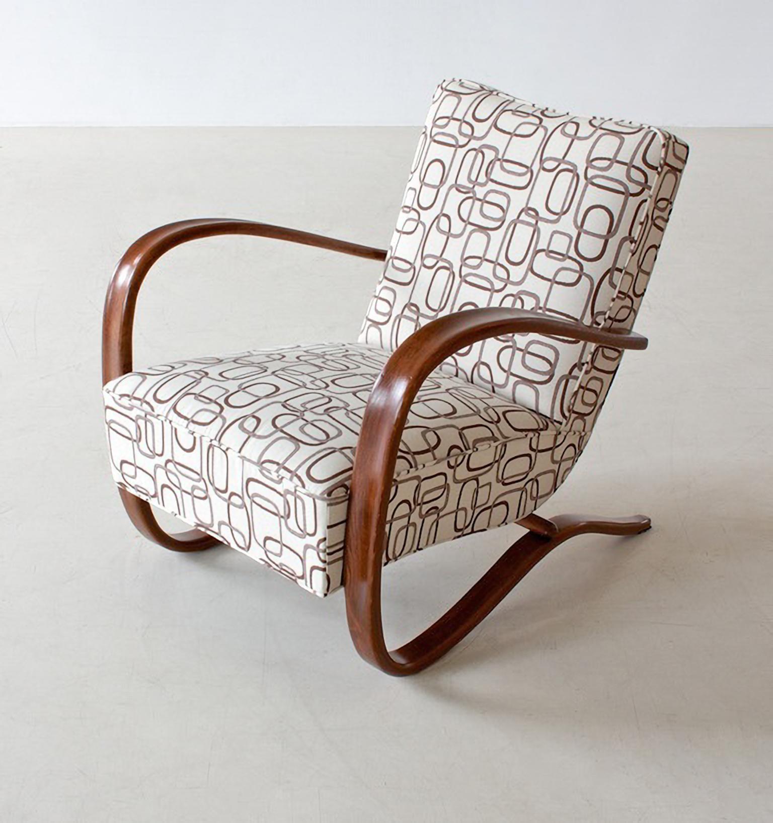 Czech Customized H 269 Armchair by Jindrich Halabala, Glossy Lacquer, Pattern Fabric For Sale