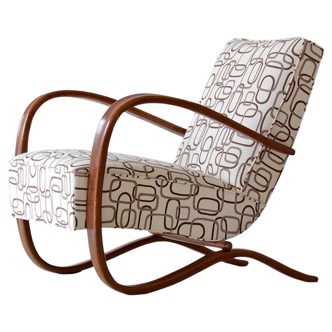 Customized H 269 Armchair by Jindrich Halabala, Glossy Lacquer, Pattern Fabric For Sale