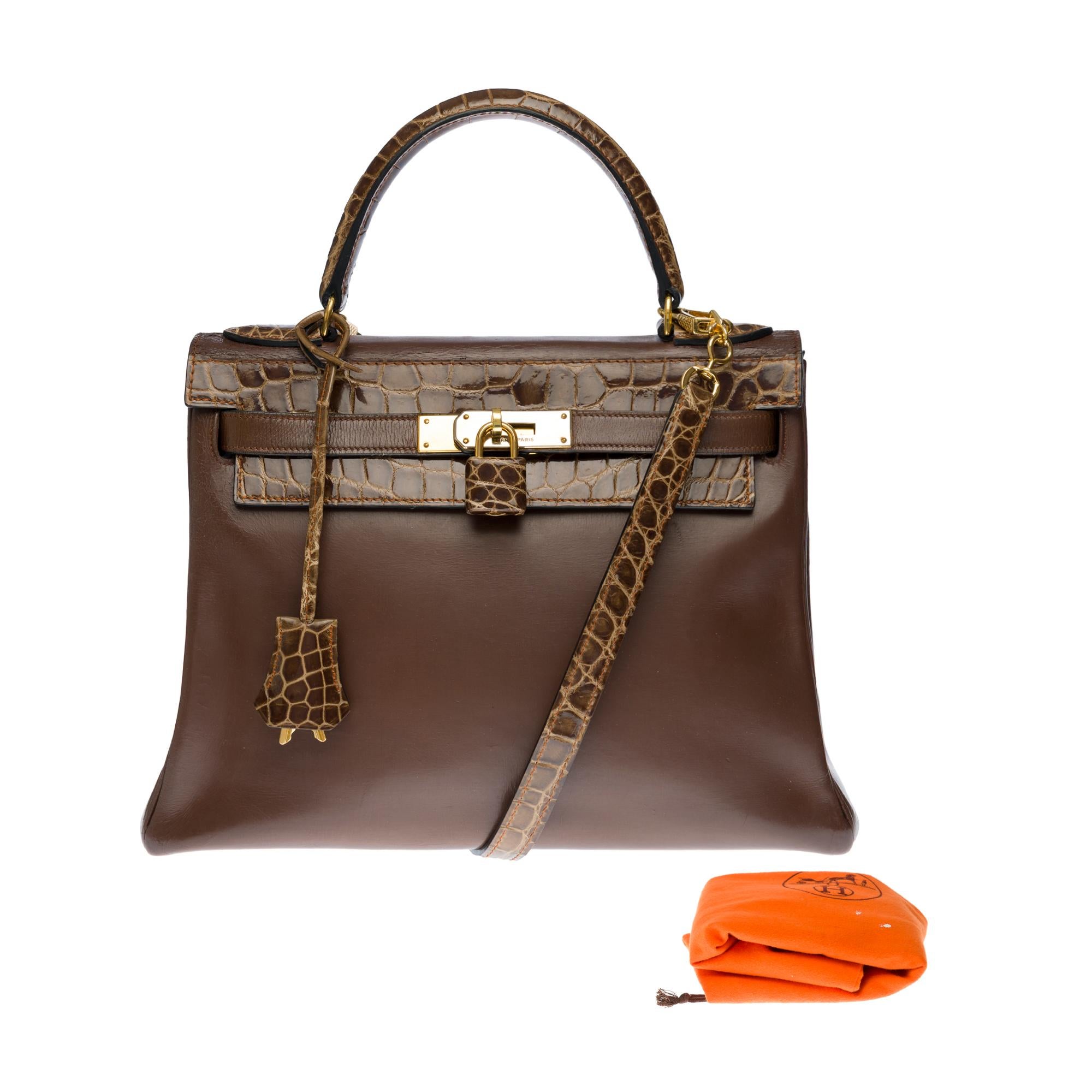 Customized Hermès Kelly 28 in brown calfskin strap with brown Crocodile, GHW  7