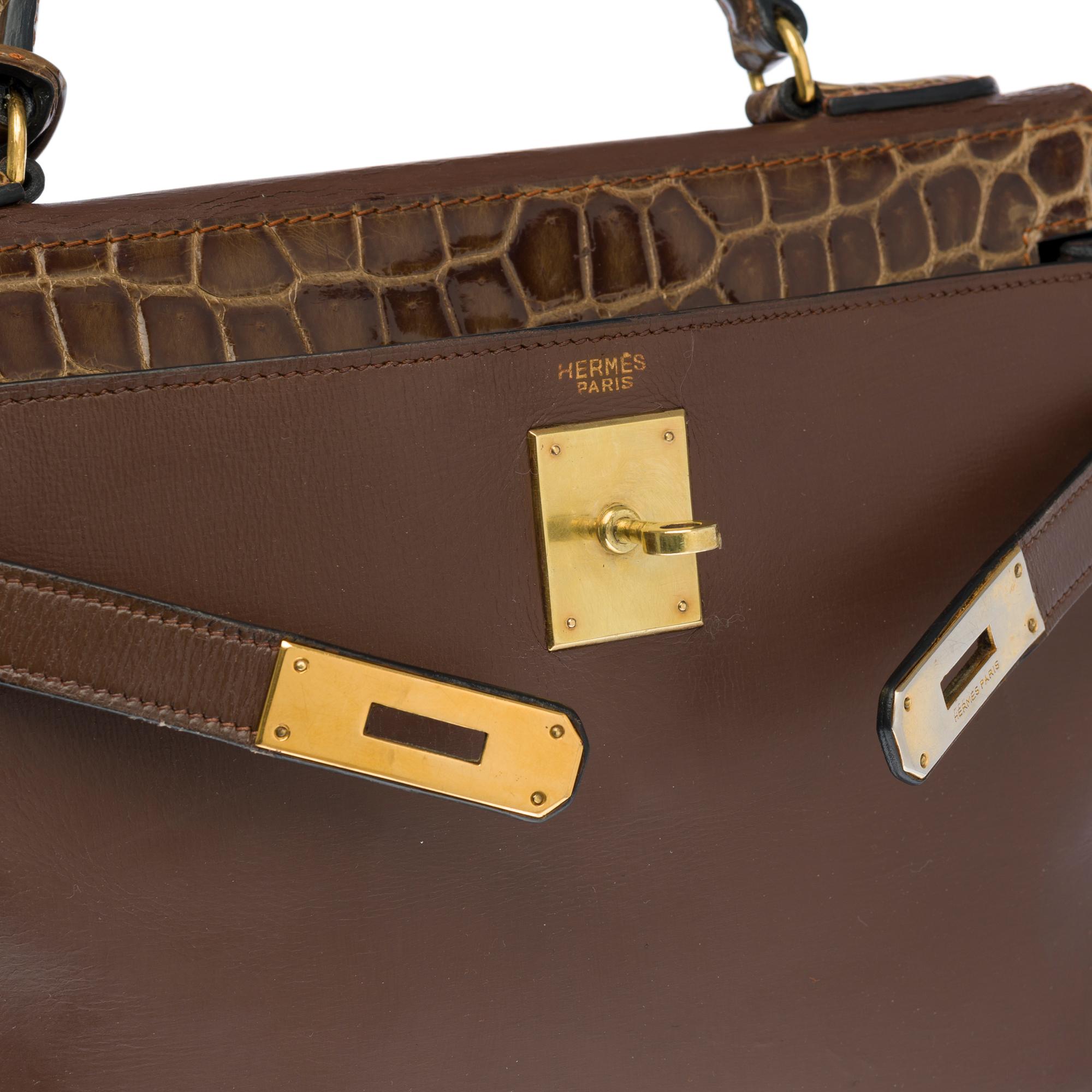 Customized Hermès Kelly 28 in brown calfskin strap with brown Crocodile, GHW  1