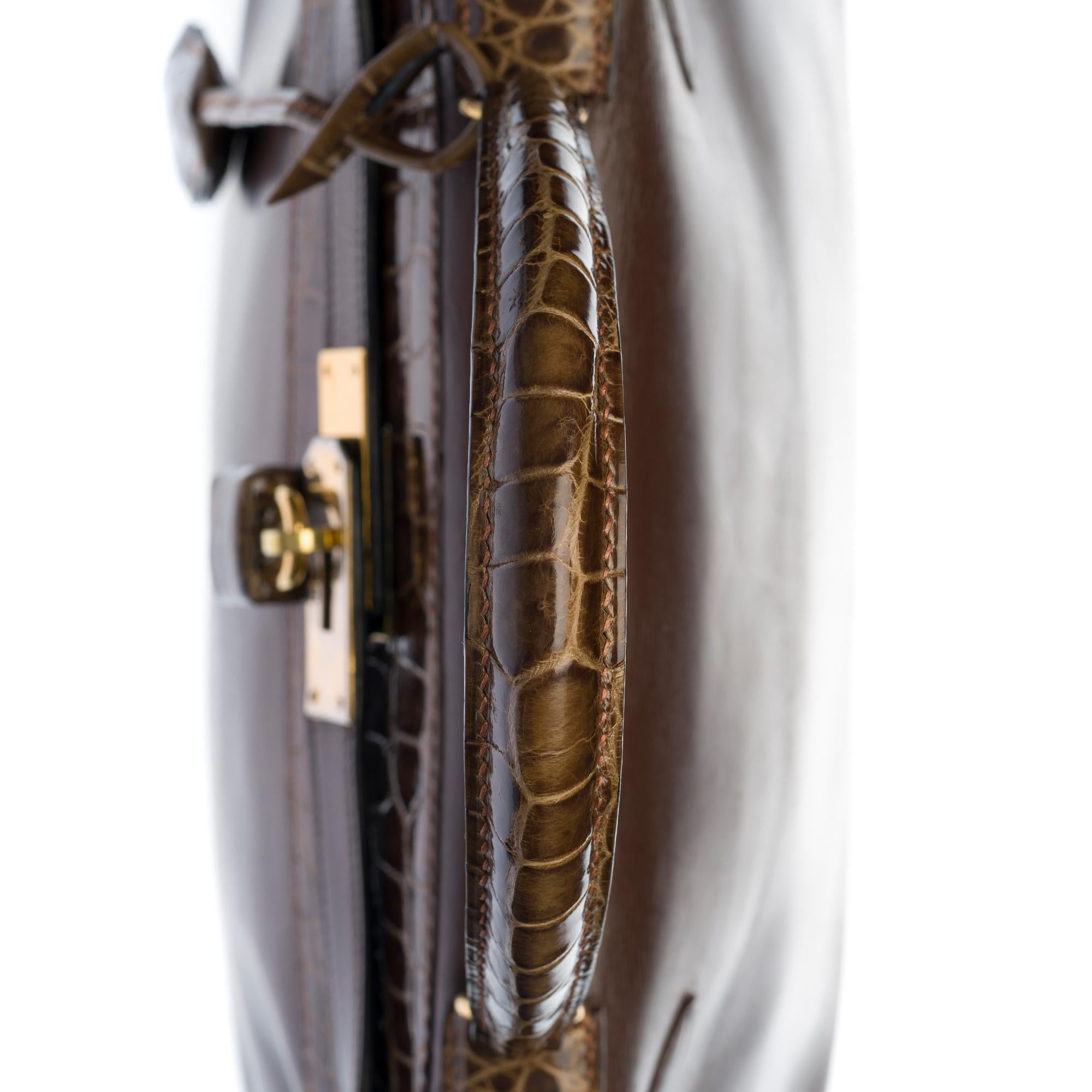 Customized Hermès Kelly 28 in brown calfskin strap with brown Crocodile, GHW  4