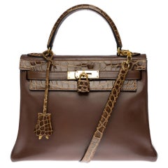 Customized Hermès Kelly 28 in brown calfskin strap with brown Crocodile, GHW 