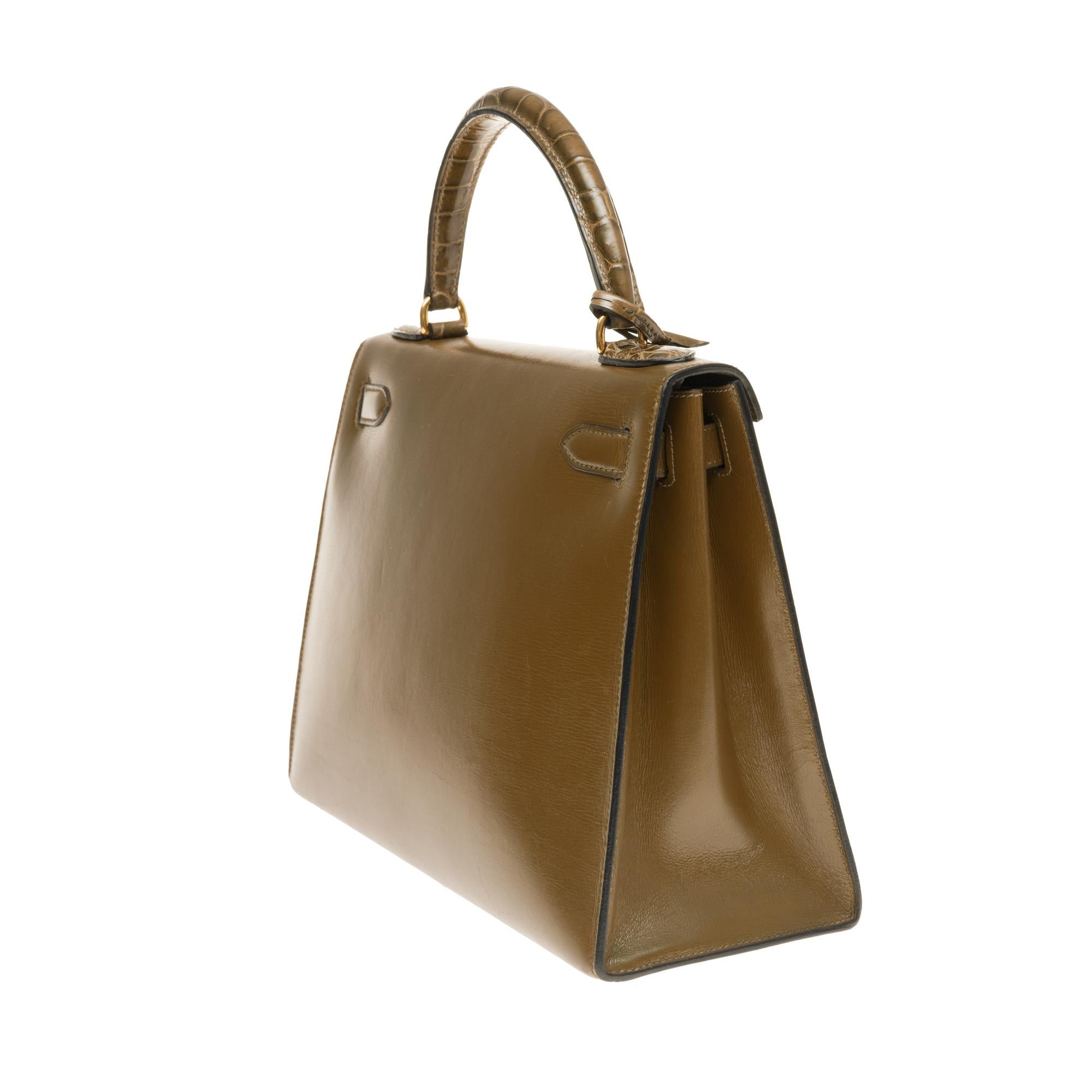Brown Customized Hermès Kelly 28 in green calfskin strap with green Crocodile, GHW